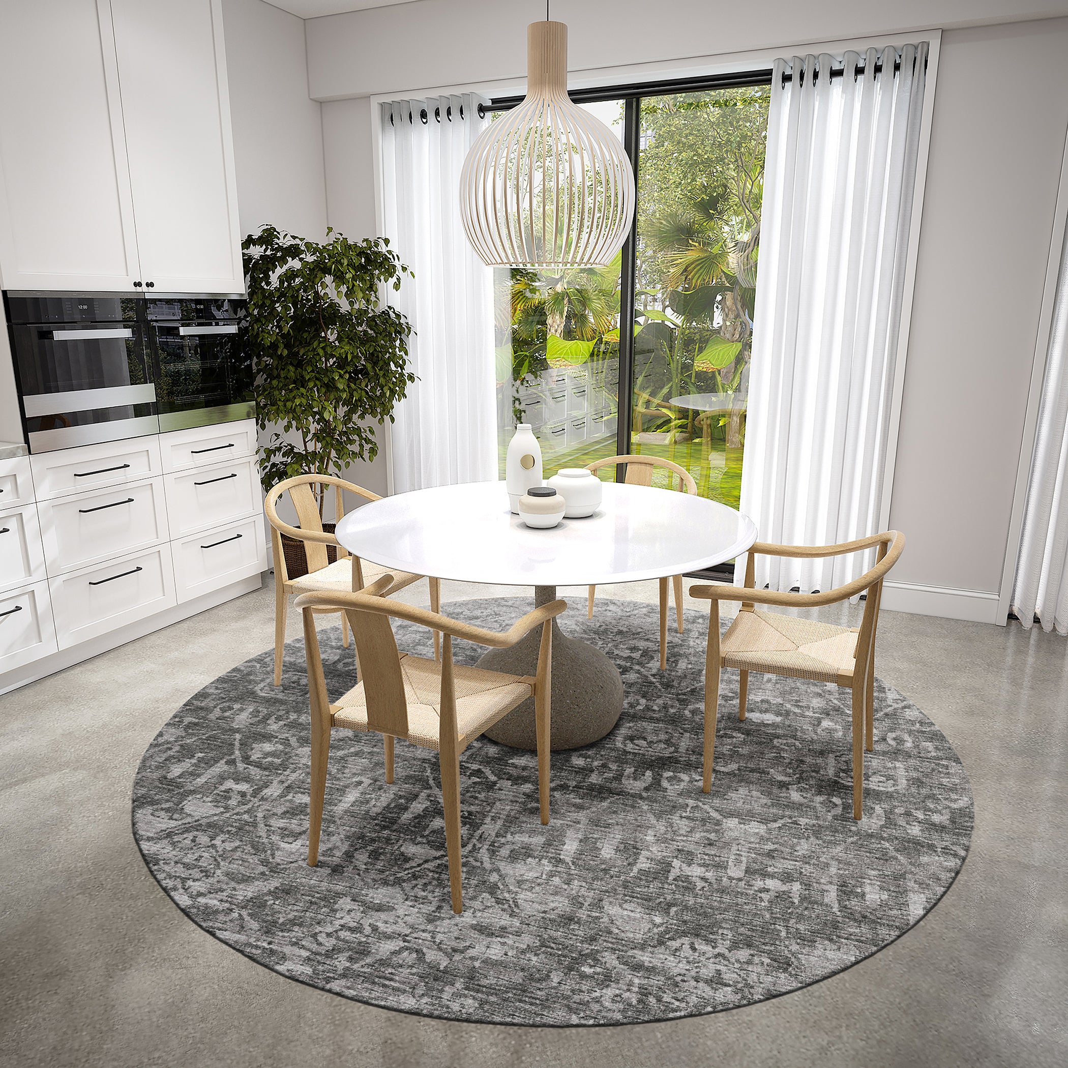 Luxury Machine Washable Indoor/Outdoor Traditional AB1 Graphite Gray Rug 8' x 8' #shape_Round