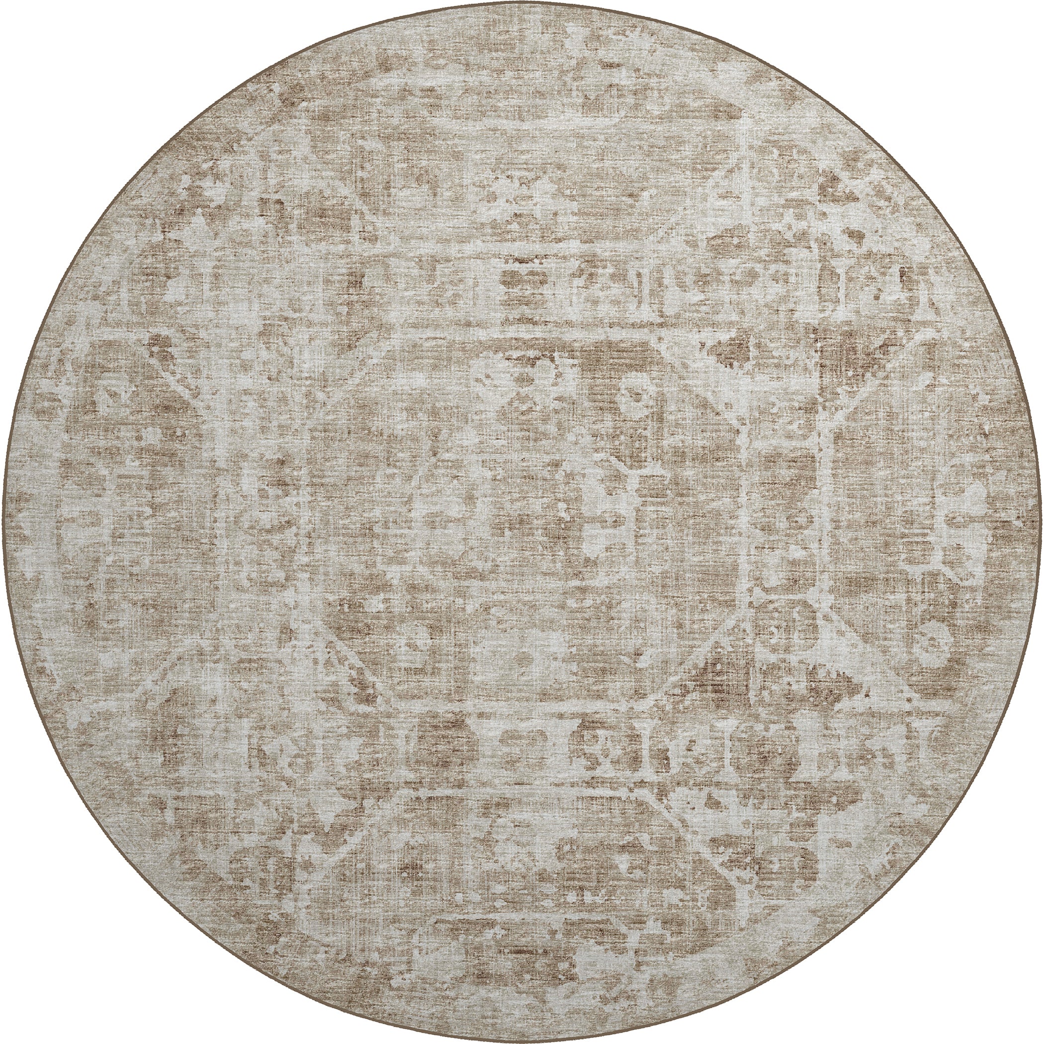 Luxury Machine Washable Indoor/Outdoor Traditional AB2 Driftwood Brown Rug 8' x 8' #shape_Round