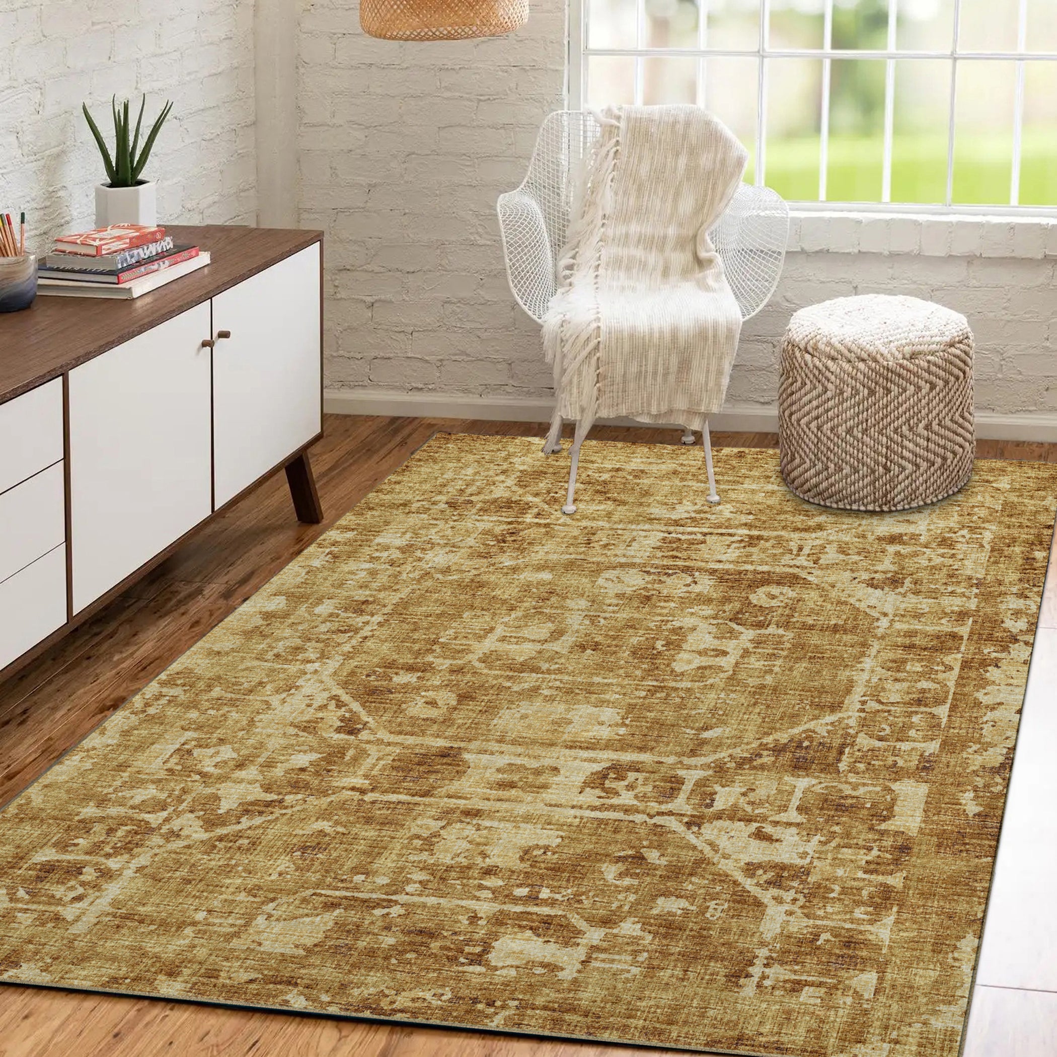 Luxury Machine Washable Indoor/Outdoor Traditional AB2 Gold Rug 2'3" x 7'6" #shape_Rectangle