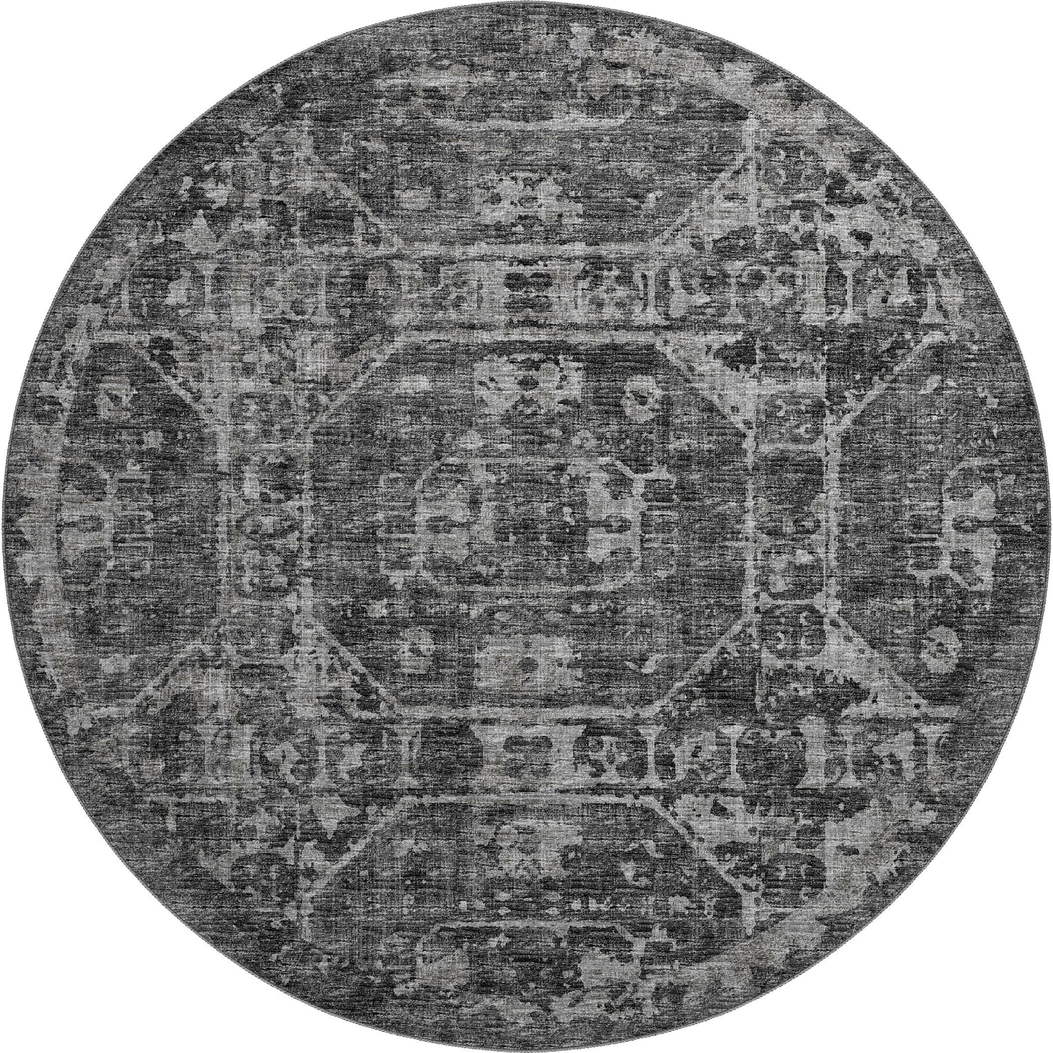 Luxury Machine Washable Indoor/Outdoor Traditional AB2 Midnight Black Rug 8' x 8' #shape_Round