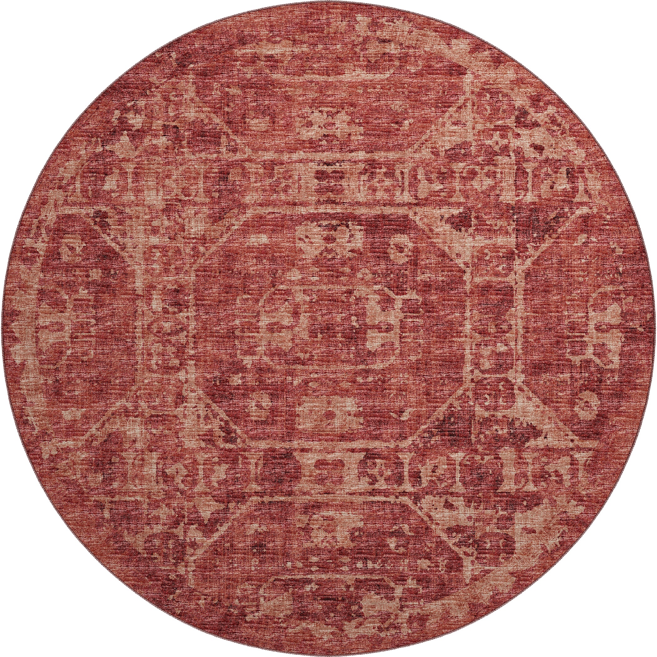 Luxury Machine Washable Indoor/Outdoor Traditional AB2 Paprika Red Rug 8' x 8' #shape_Round