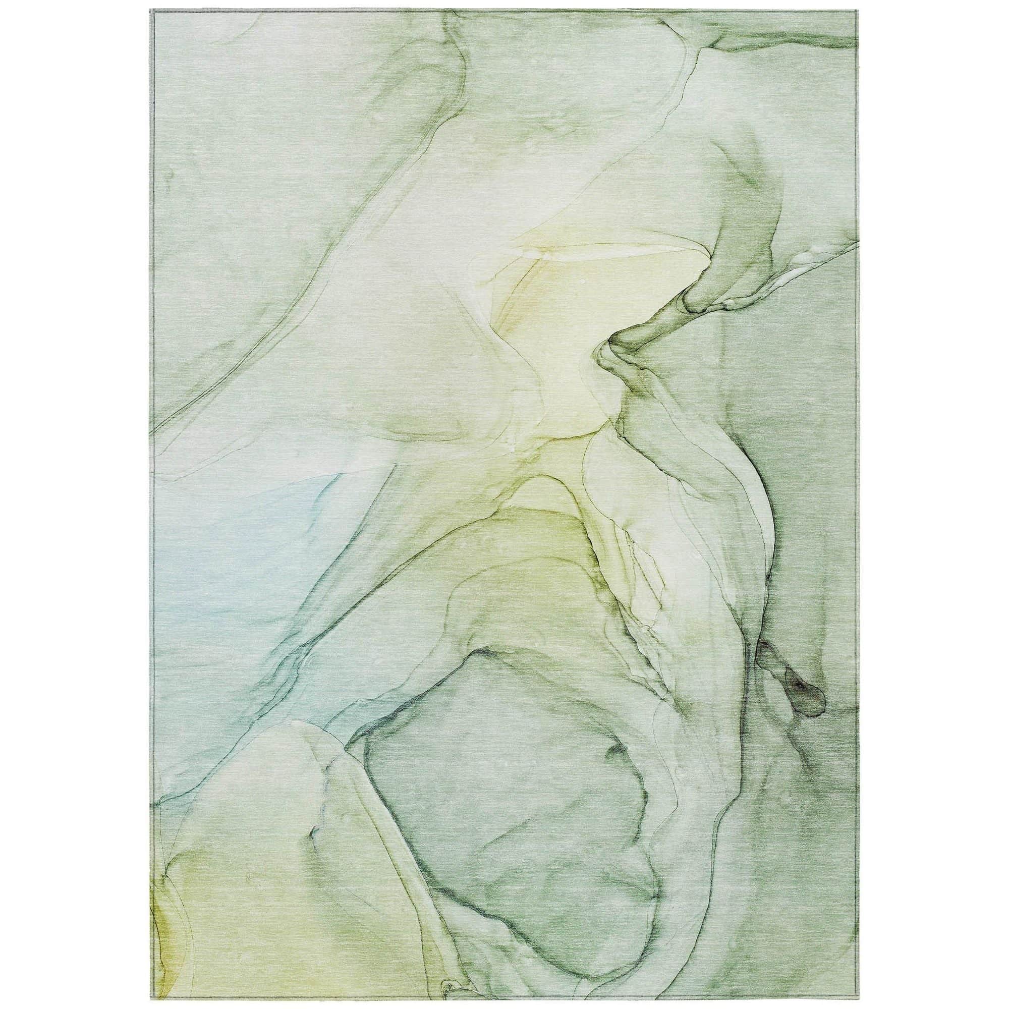 Machine Washable Green Rug - Indoor / Outdoor - Kids / Pet Friendly Watercolors Print Rug