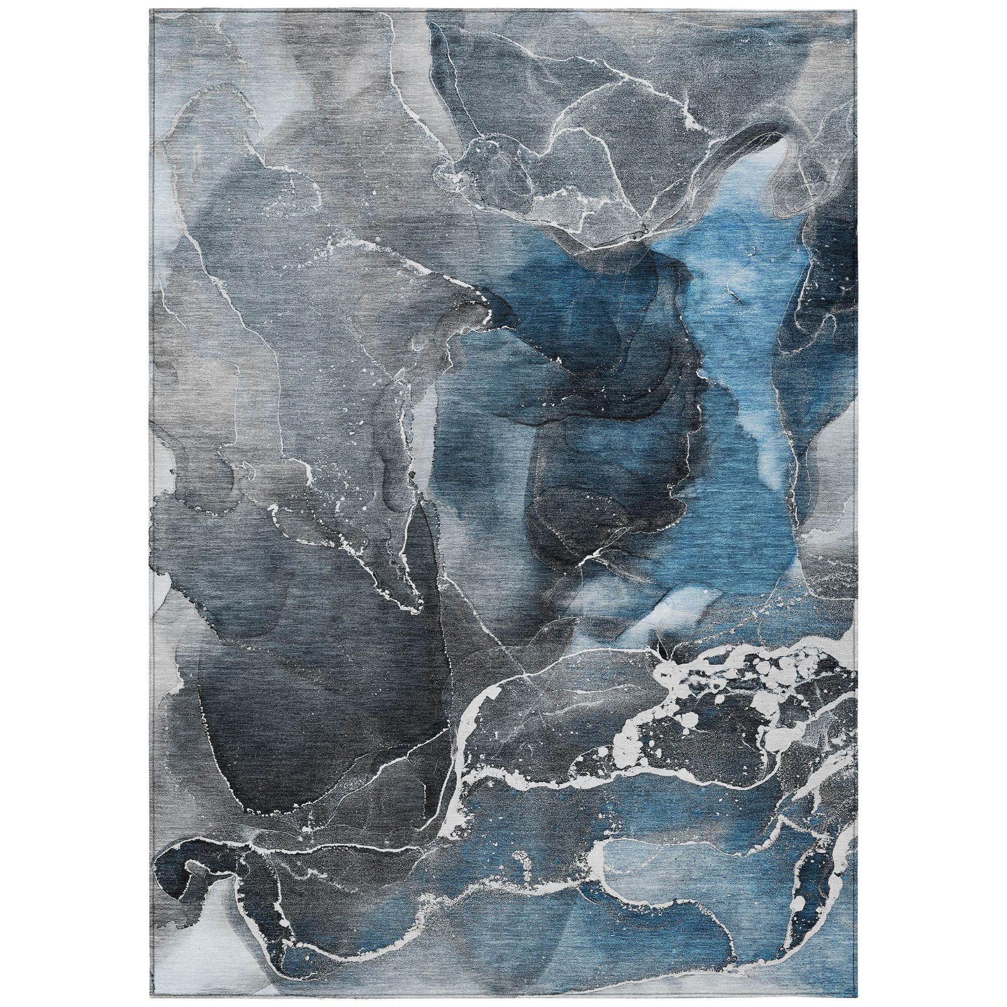 Machine Washable Blue Rug - Indoor / Outdoor - Kids / Pet Friendly Watercolors Print Rug