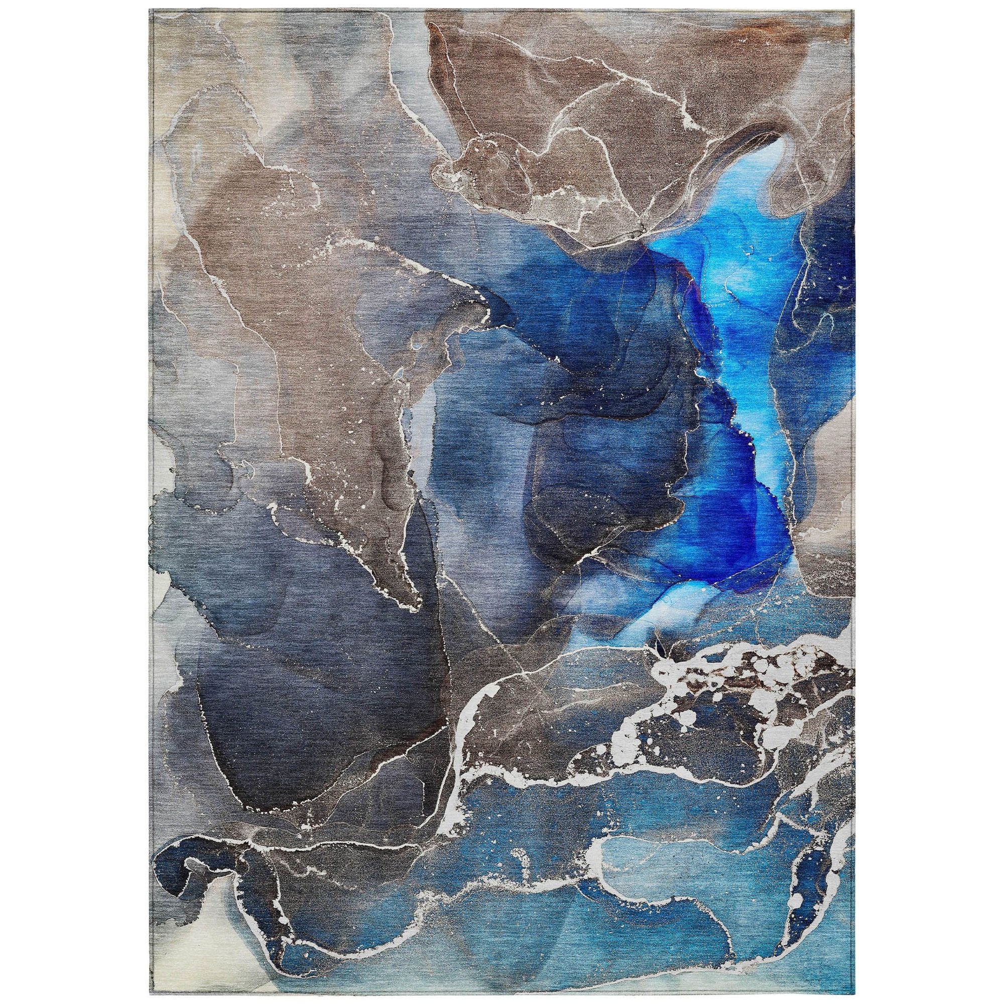 Machine Washable Navy Blue Rug - Indoor / Outdoor - Kids / Pet Friendly Watercolors Print Rug