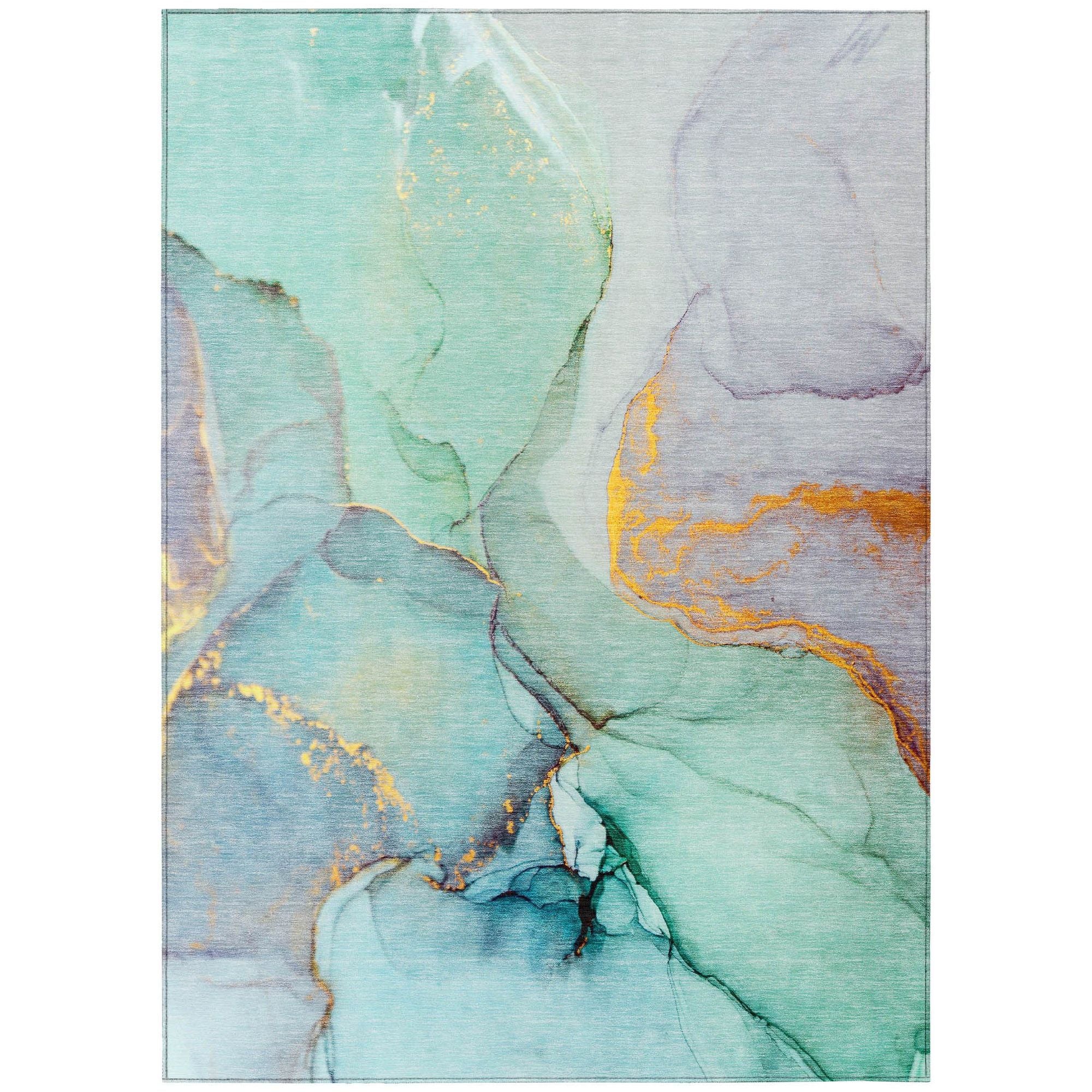 Machine Washable Teal Rug - Indoor / Outdoor - Kids / Pet Friendly Watercolors Print Rug