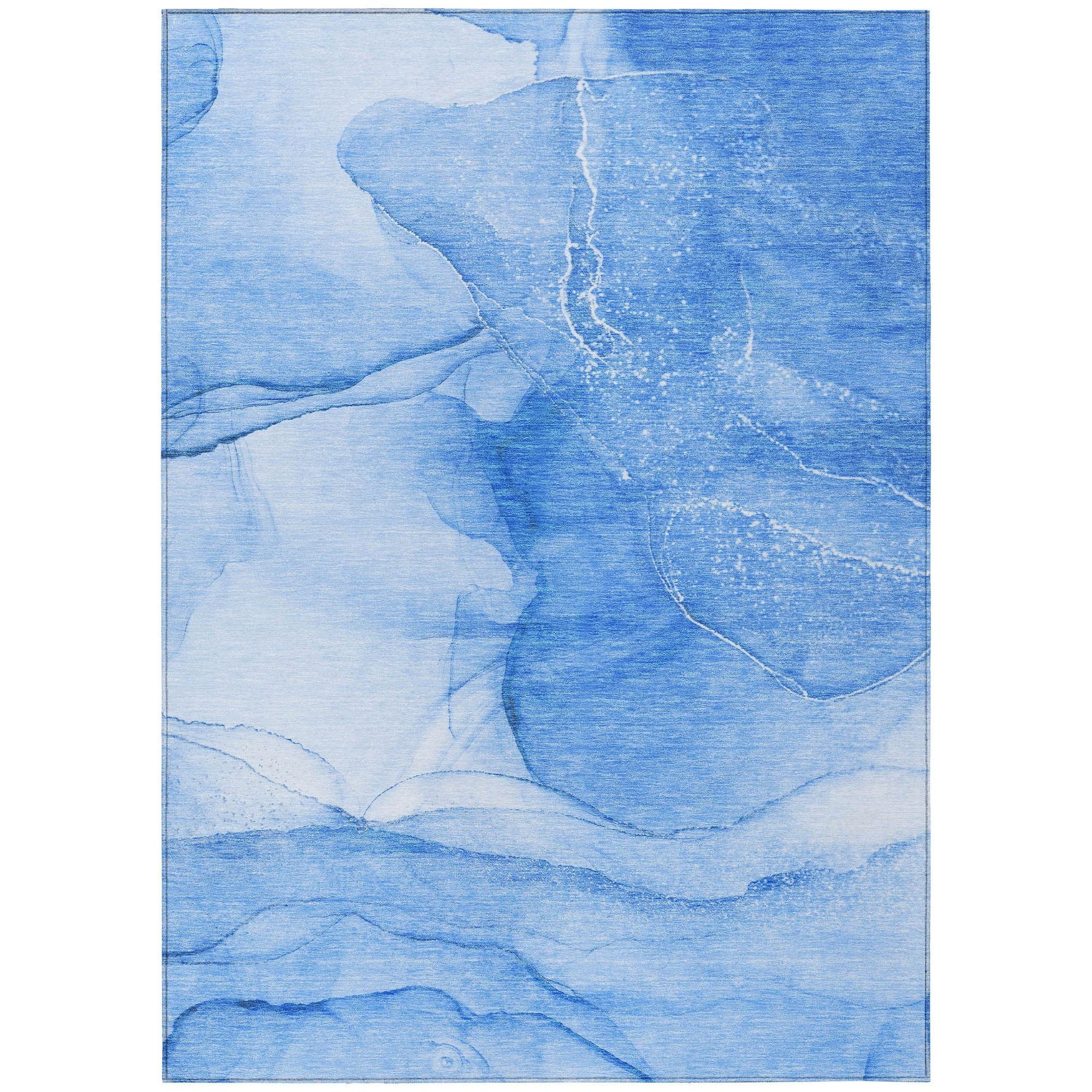 Machine Washable Blue Rug - Indoor / Outdoor - Kids / Pet Friendly Watercolors Print Rug