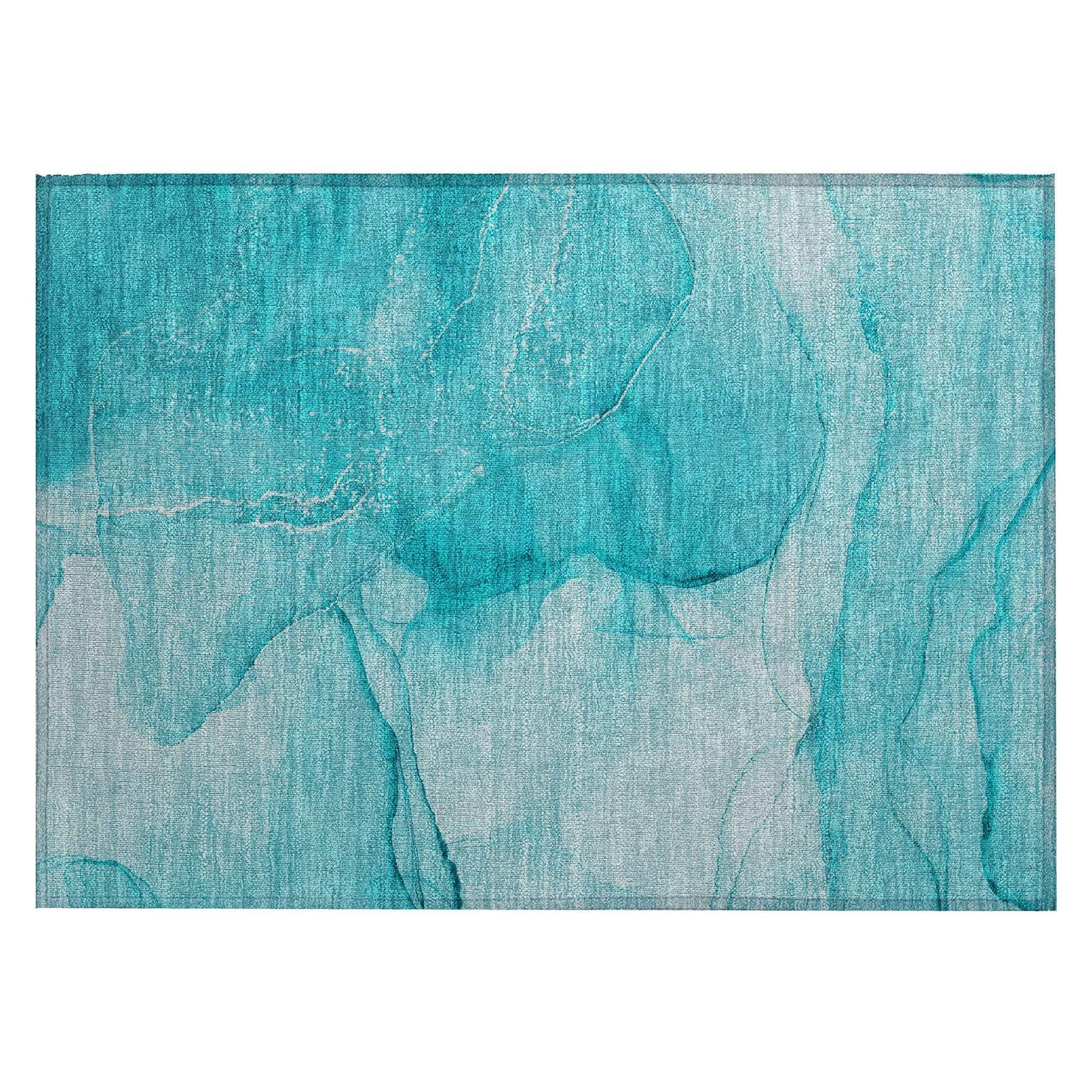 Machine Washable Teal Rug - Indoor / Outdoor - Kids / Pet Friendly Watercolors Print Rug