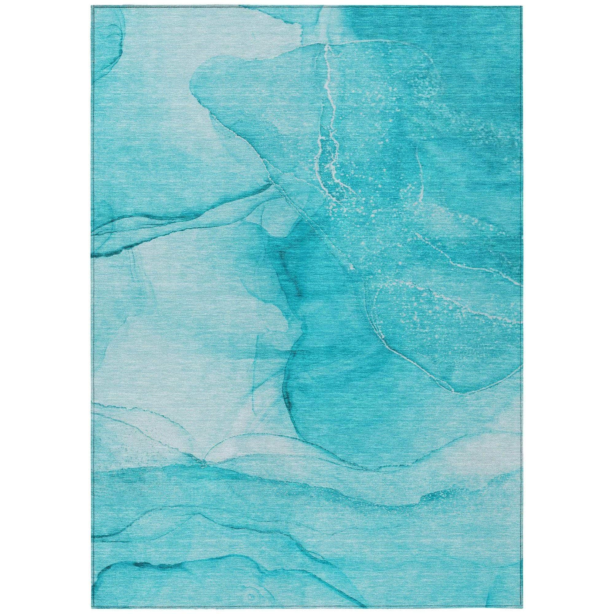 Machine Washable Teal Rug - Indoor / Outdoor - Kids / Pet Friendly Watercolors Print Rug