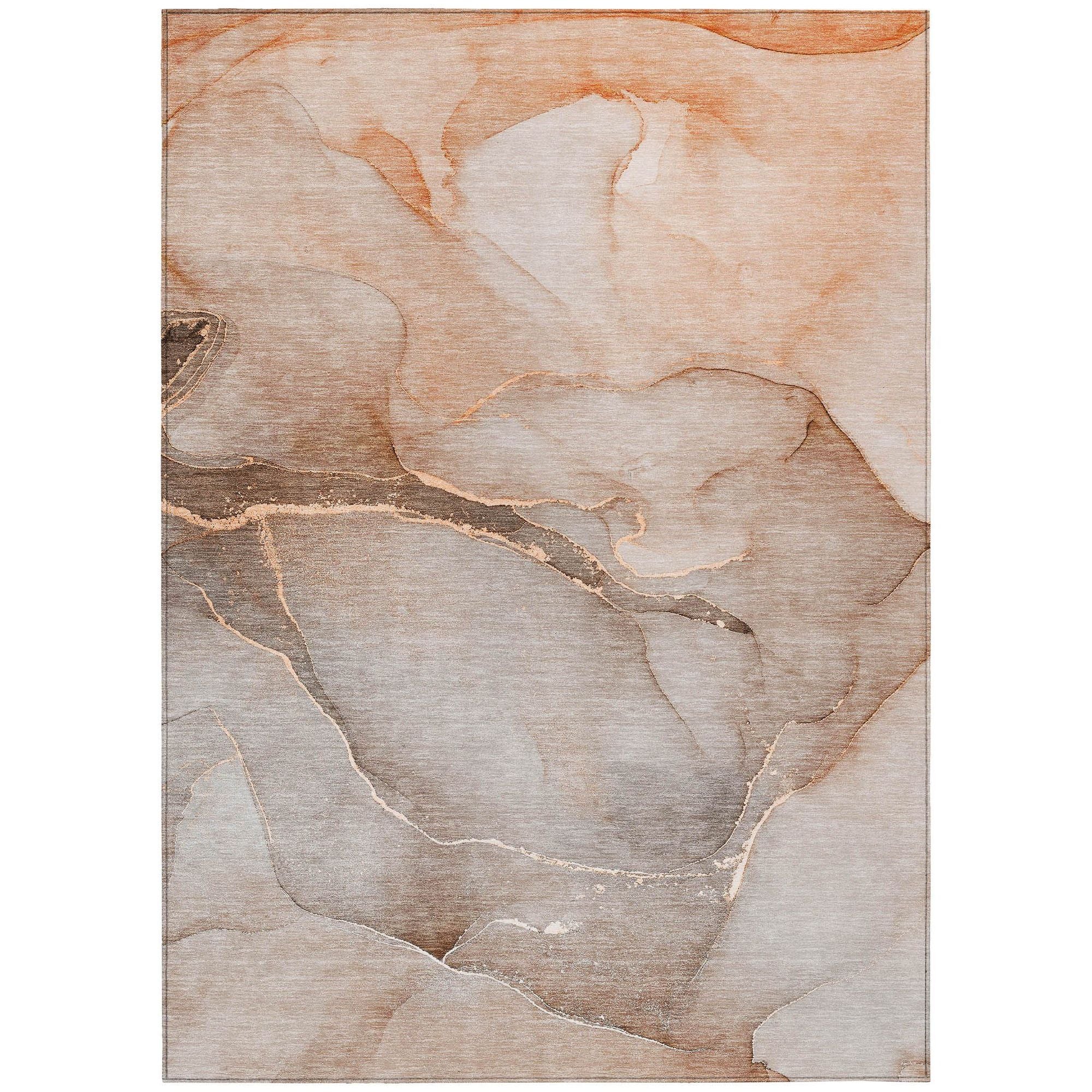 Machine Washable Taupe Brown Rug - Indoor / Outdoor - Kids / Pet Friendly Watercolors Print Rug