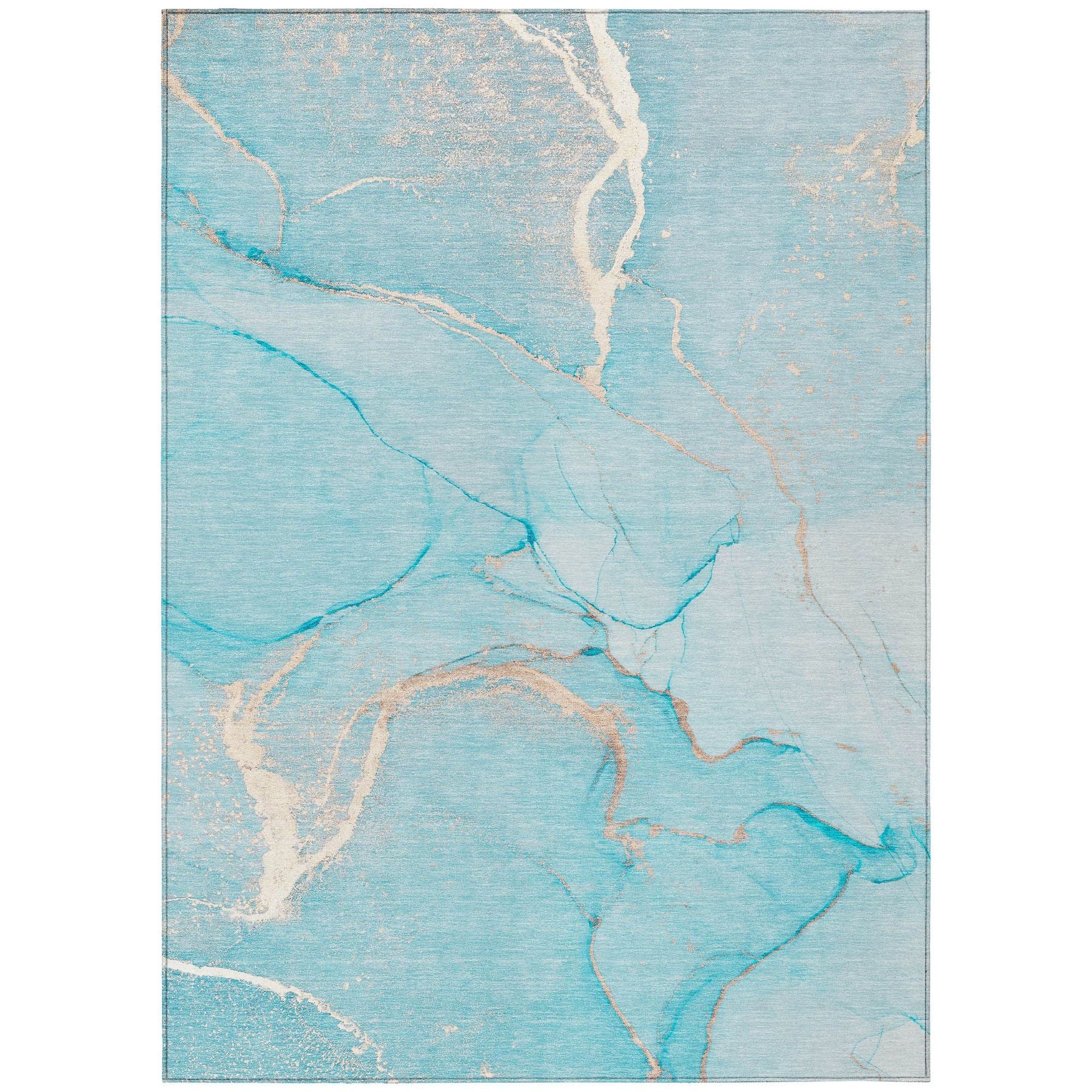 Machine Washable Teal Rug - Indoor / Outdoor - Kids / Pet Friendly Watercolors Print Rug