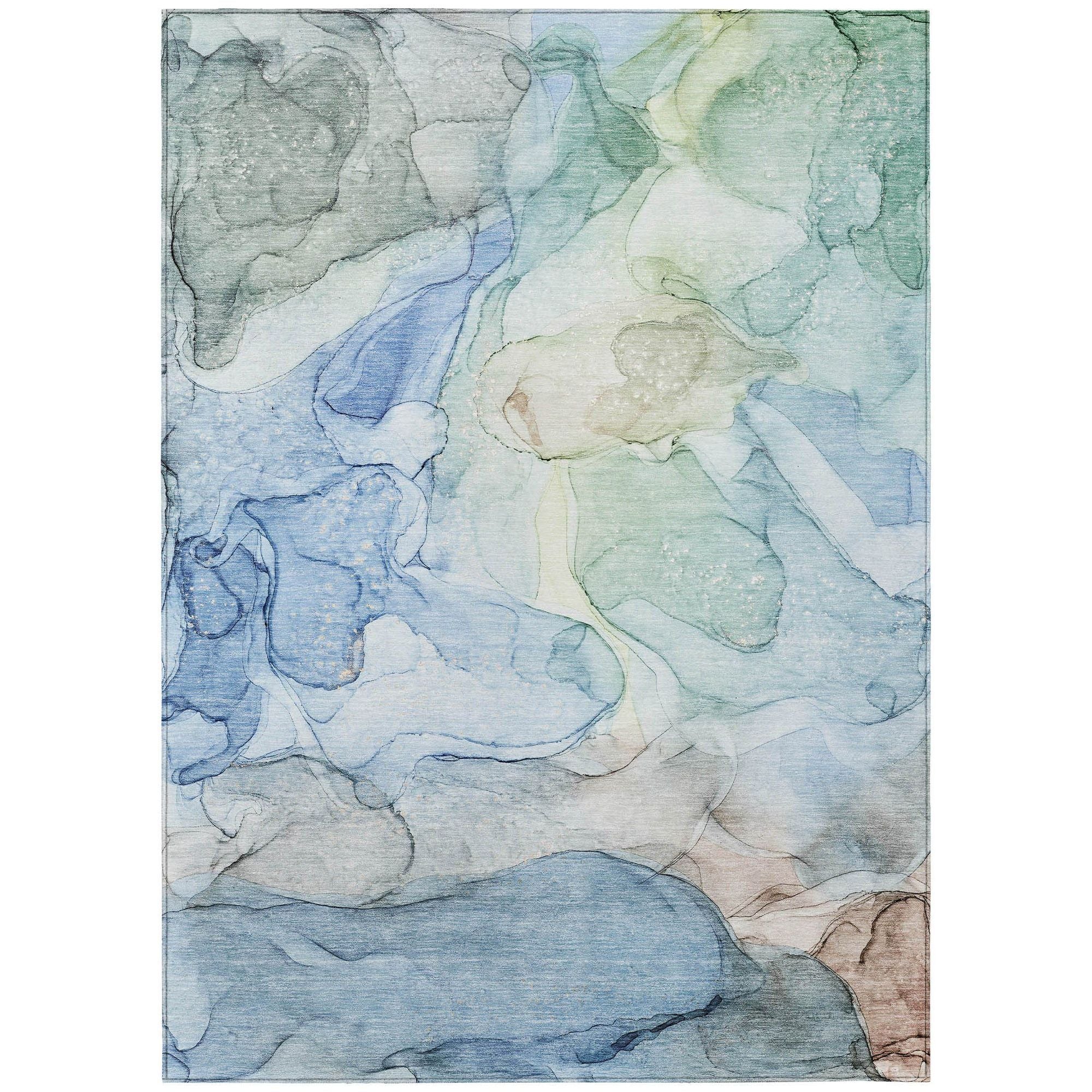 Machine Washable Blue Rug - Indoor / Outdoor - Kids / Pet Friendly Watercolors Print Rug