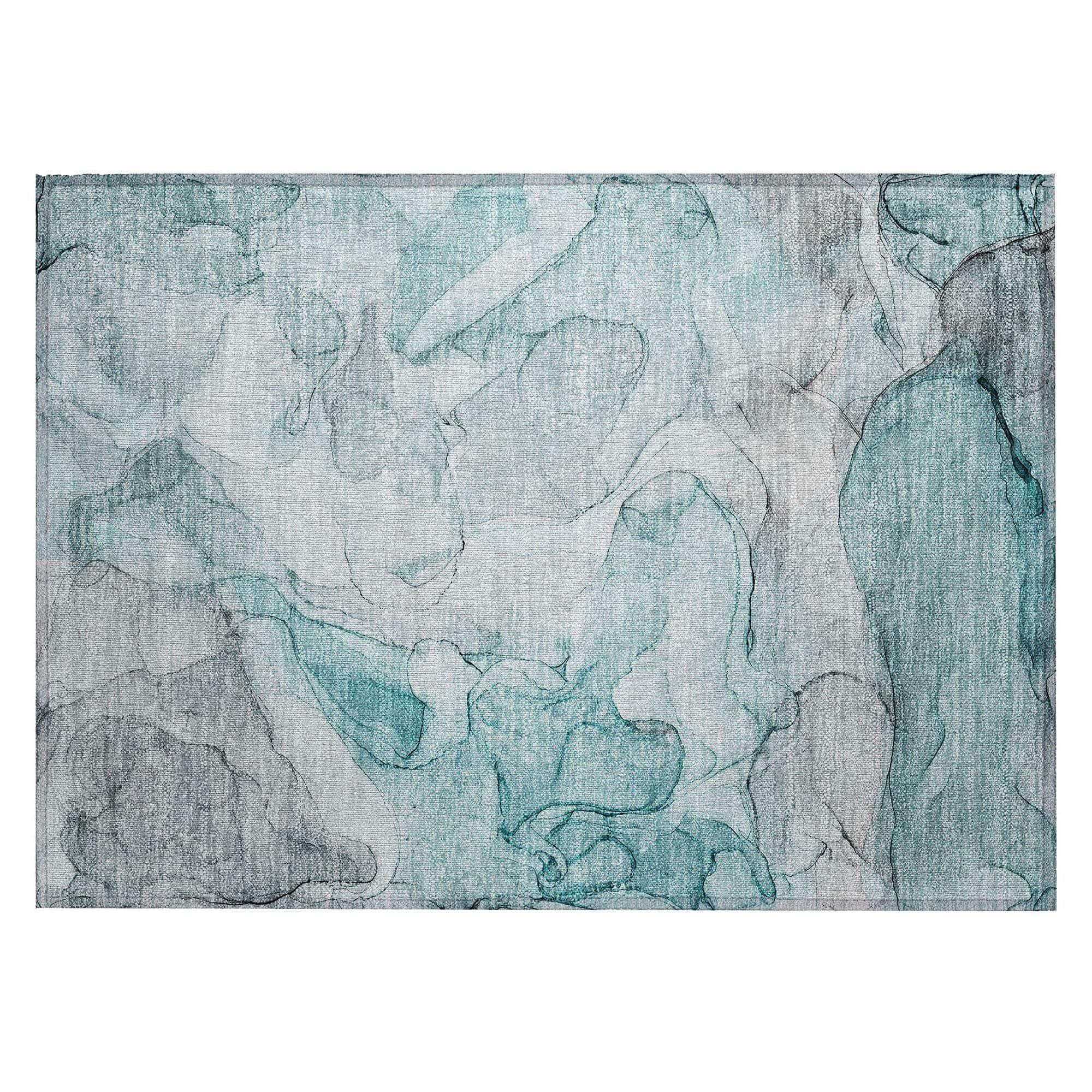 Machine Washable Teal Rug - Indoor / Outdoor - Kids / Pet Friendly Watercolors Print Rug