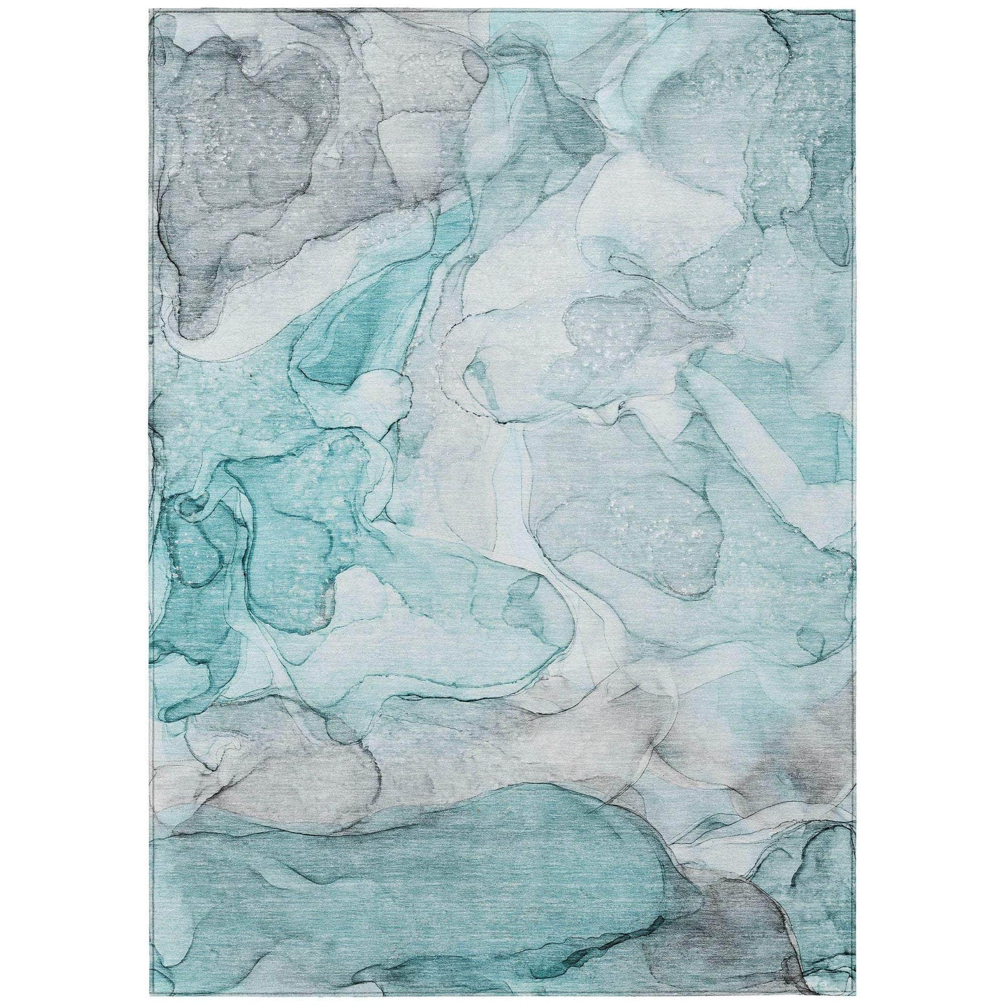 Machine Washable Teal Rug - Indoor / Outdoor - Kids / Pet Friendly Watercolors Print Rug