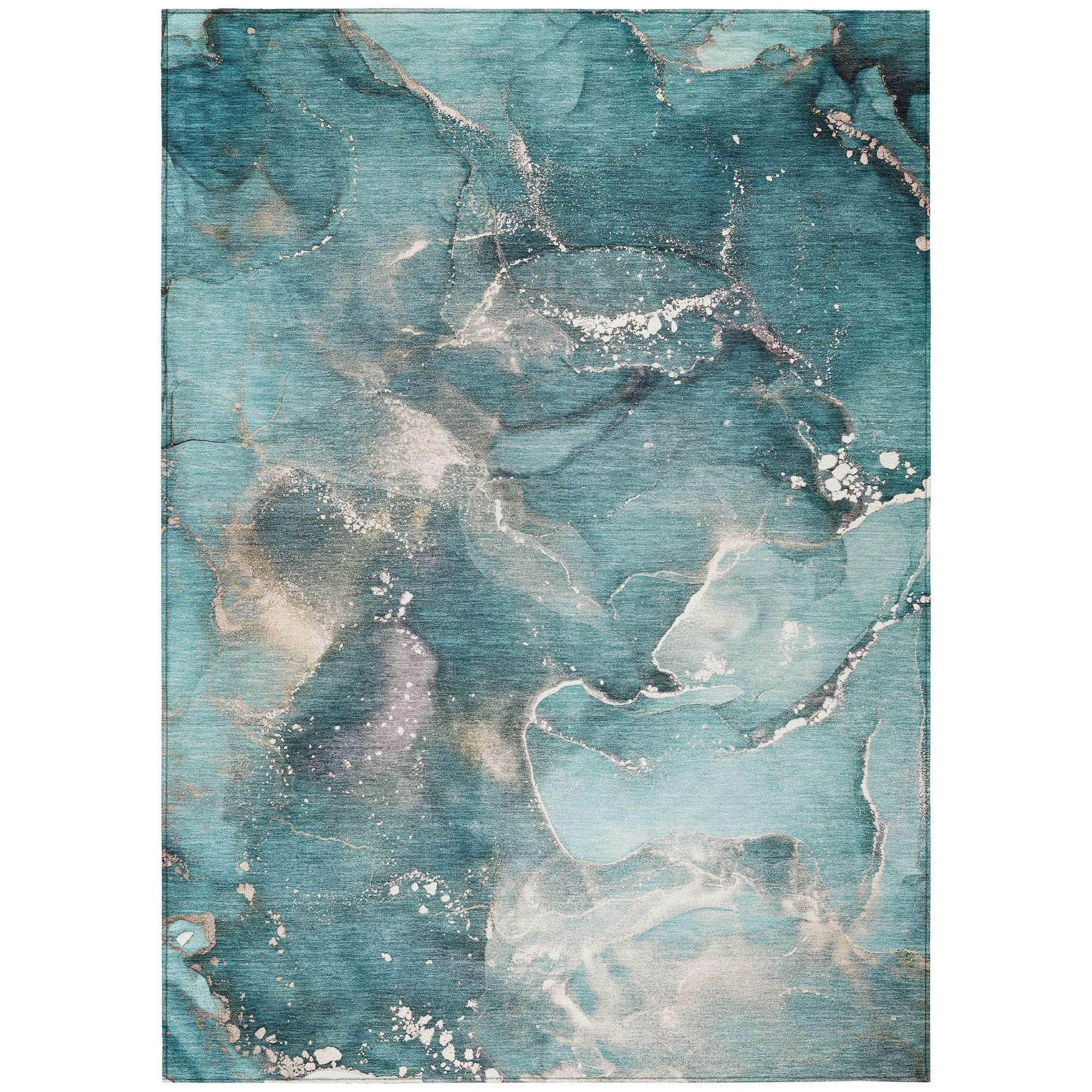 Machine Washable Teal Rug - Indoor / Outdoor - Kids / Pet Friendly Watercolors Print Rug