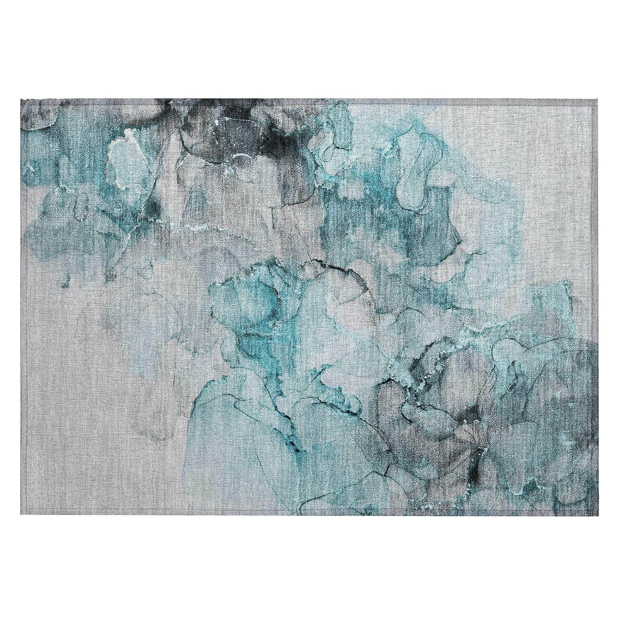 Machine Washable Teal Rug - Indoor / Outdoor - Kids / Pet Friendly Watercolors Print Rug