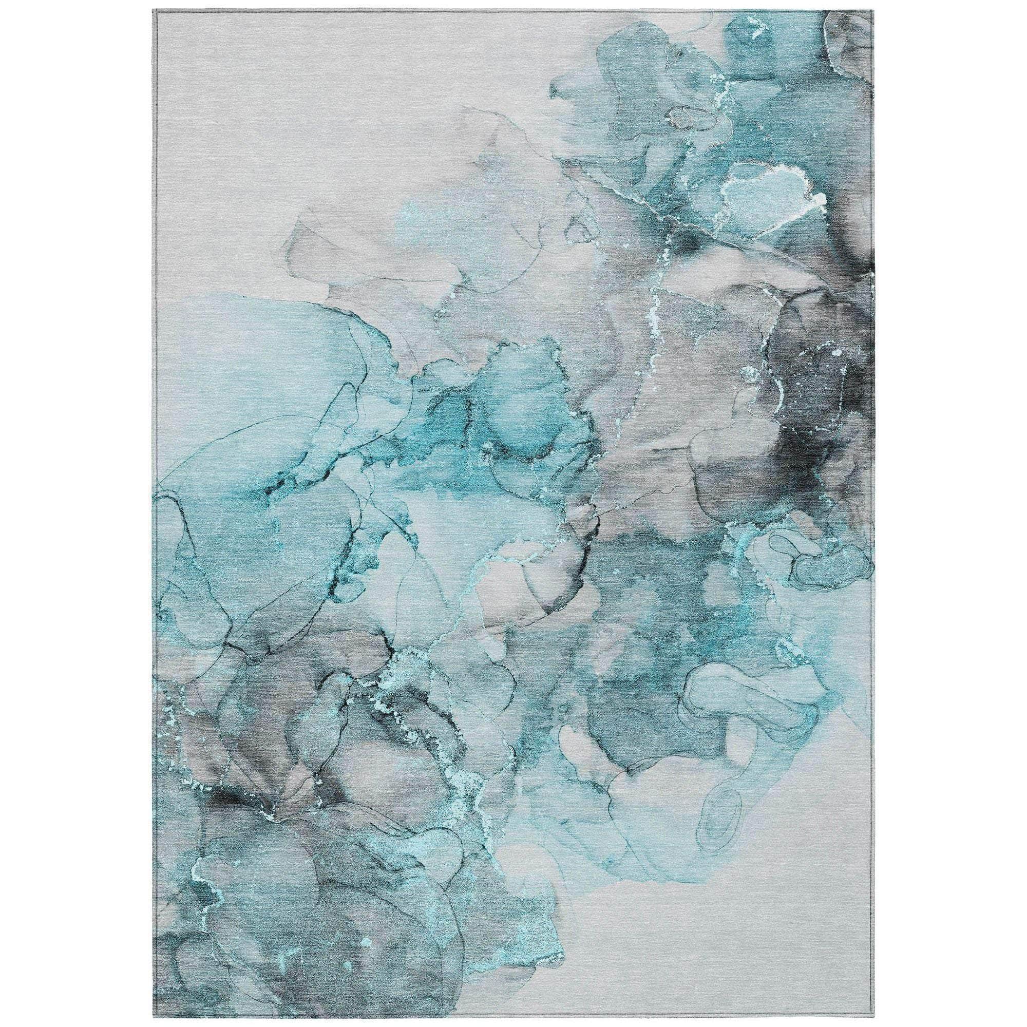 Machine Washable Teal Rug - Indoor / Outdoor - Kids / Pet Friendly Watercolors Print Rug