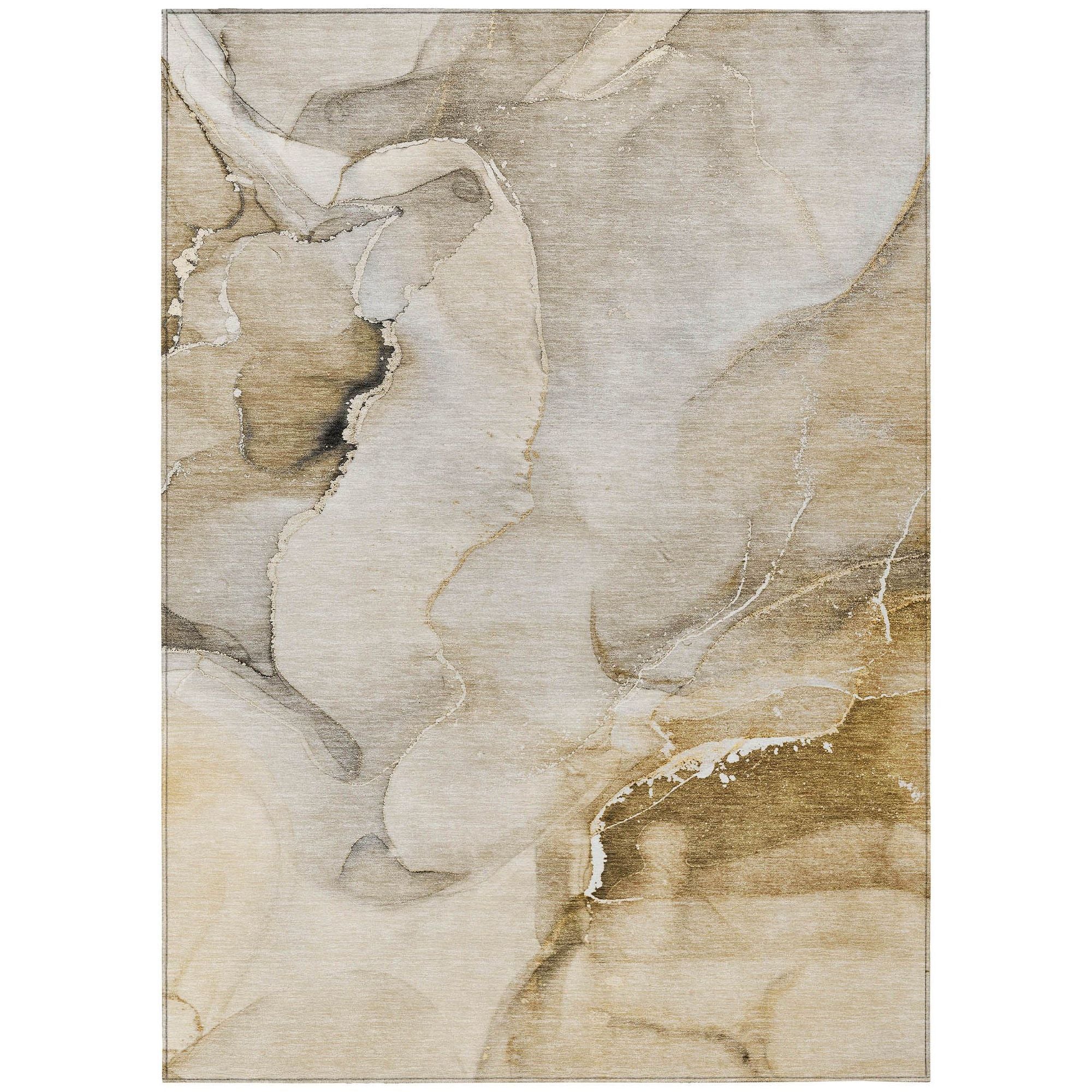 Machine Washable Beige Brown Rug - Indoor / Outdoor - Kids / Pet Friendly Watercolors Print Rug