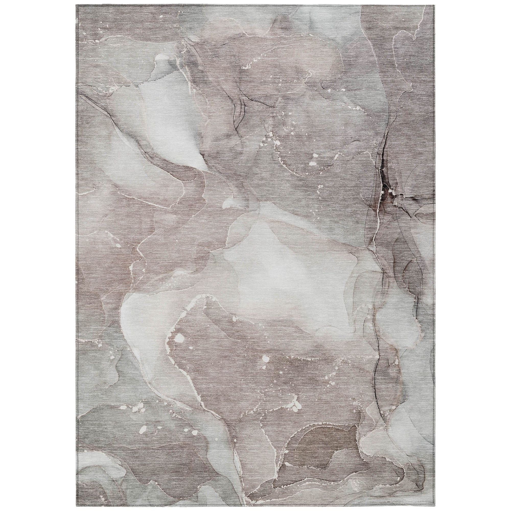 Machine Washable Taupe Brown Rug - Indoor / Outdoor - Kids / Pet Friendly Watercolors Print Rug
