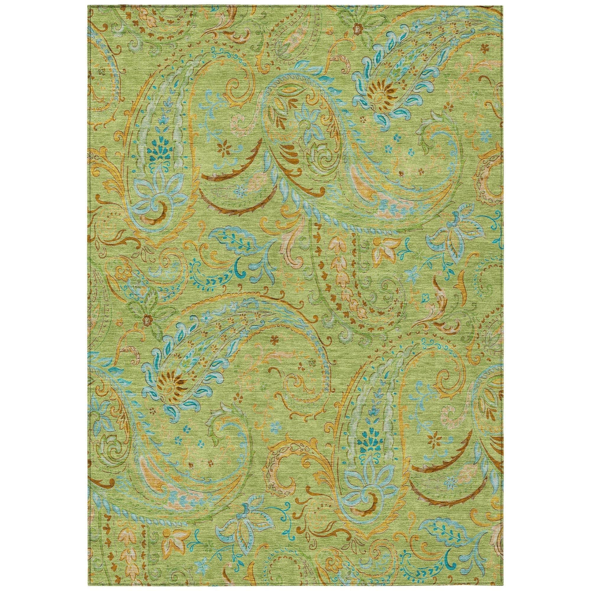 Machine Washable Aloe Green Rug - Indoor / Outdoor - Kids / Pet Friendly Paisley Print Rug