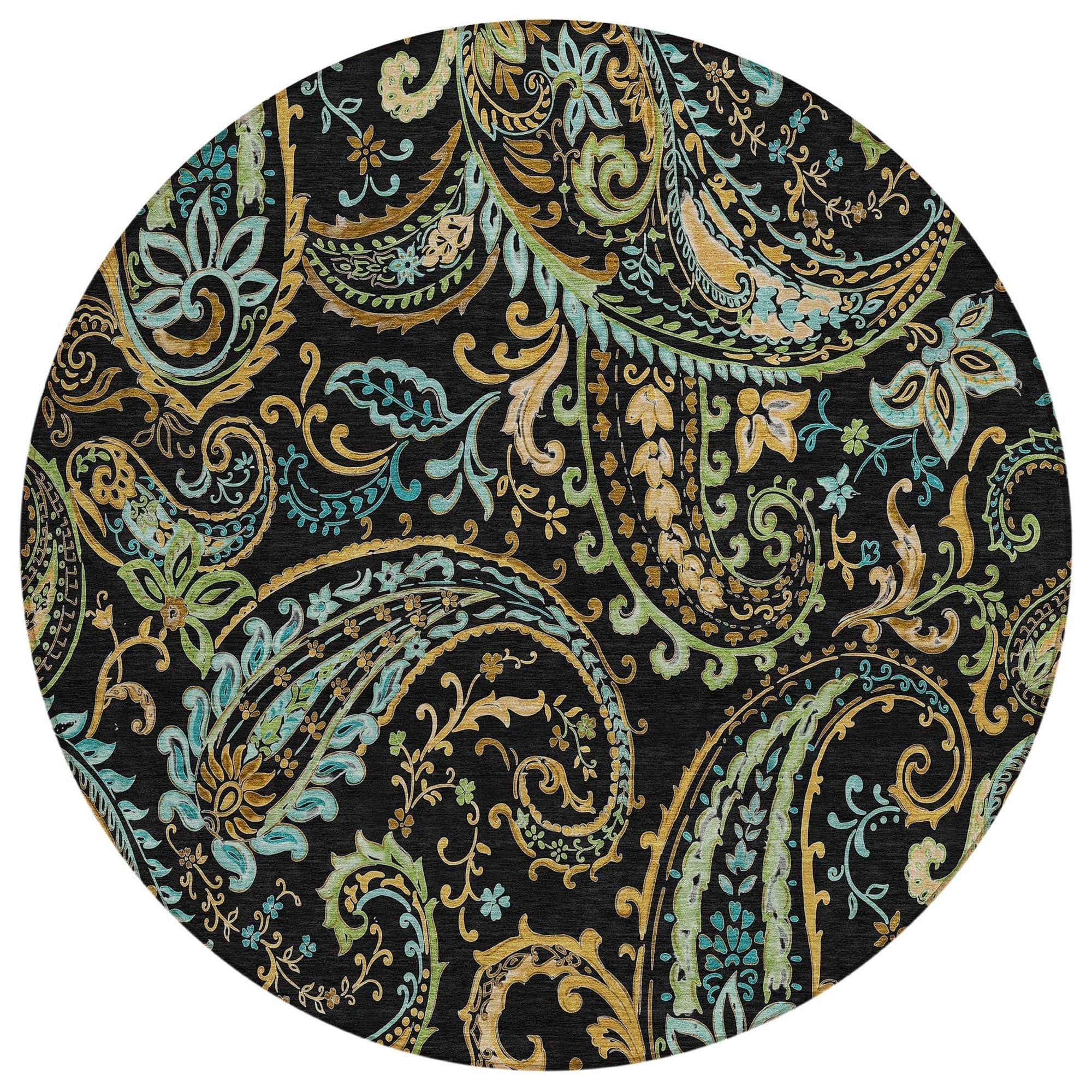 Machine Washable Black Rug - Indoor / Outdoor - Kids / Pet Friendly Paisley Print Rug