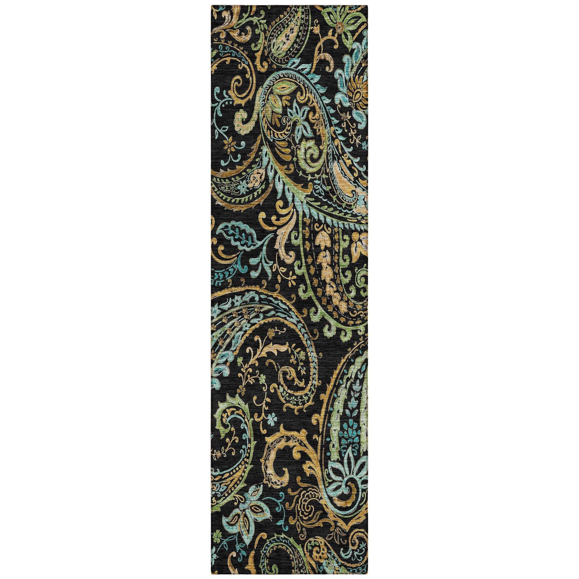 Machine Washable Black Rug - Indoor / Outdoor - Kids / Pet Friendly Paisley Print Rug