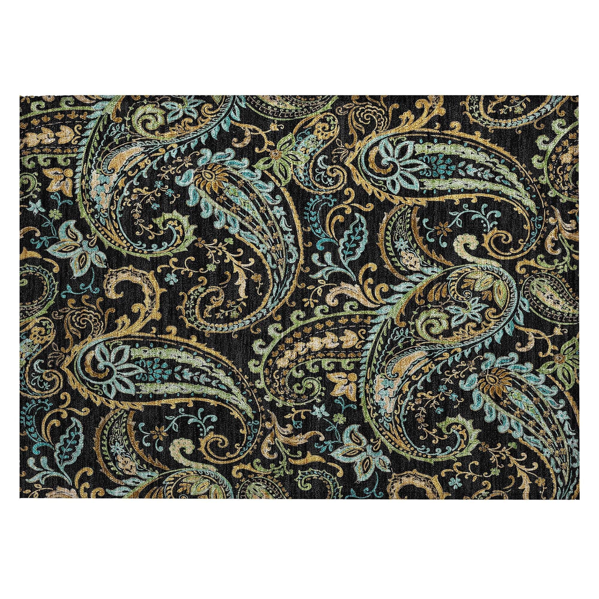 Machine Washable Black Rug - Indoor / Outdoor - Kids / Pet Friendly Paisley Print Rug