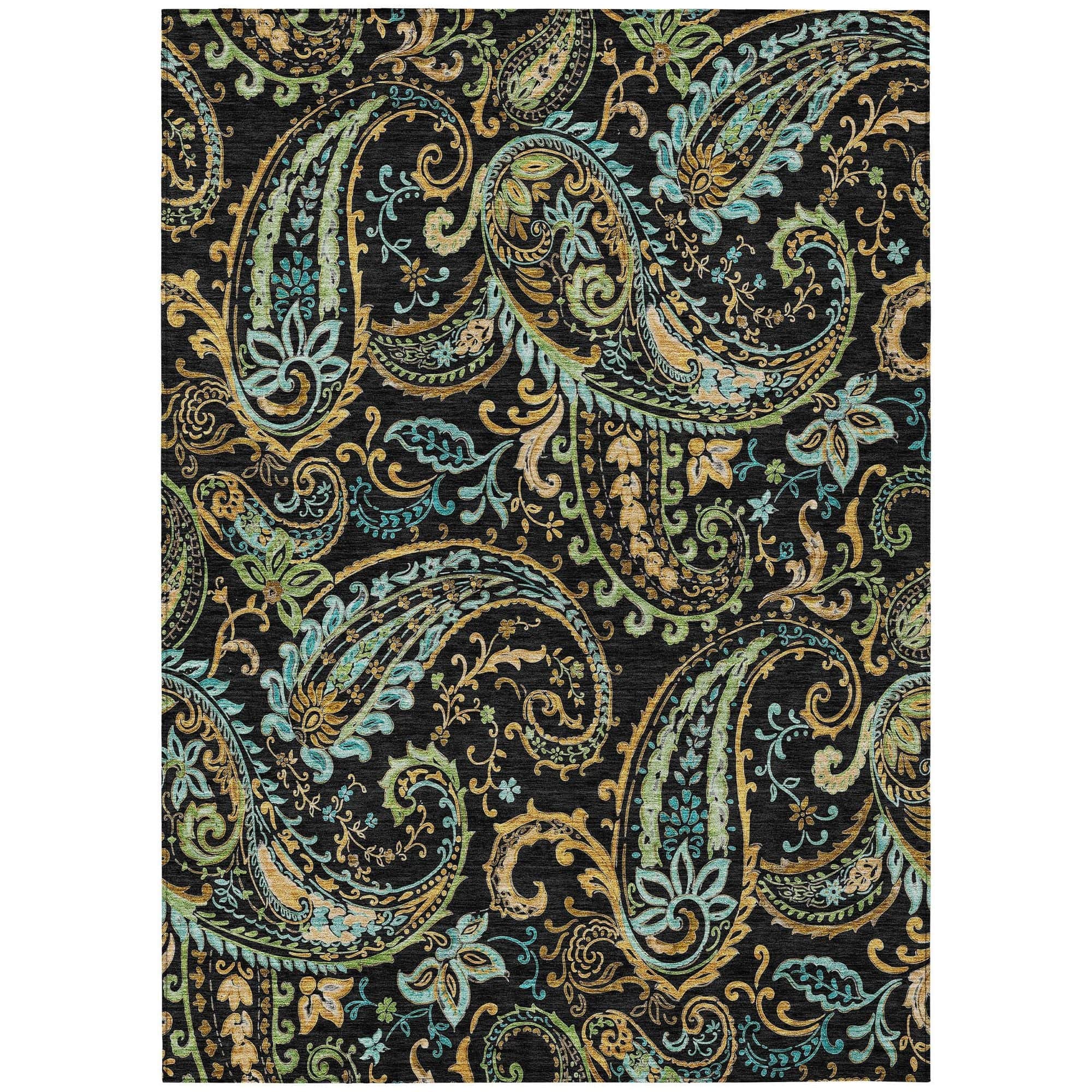 Machine Washable Black Rug - Indoor / Outdoor - Kids / Pet Friendly Paisley Print Rug