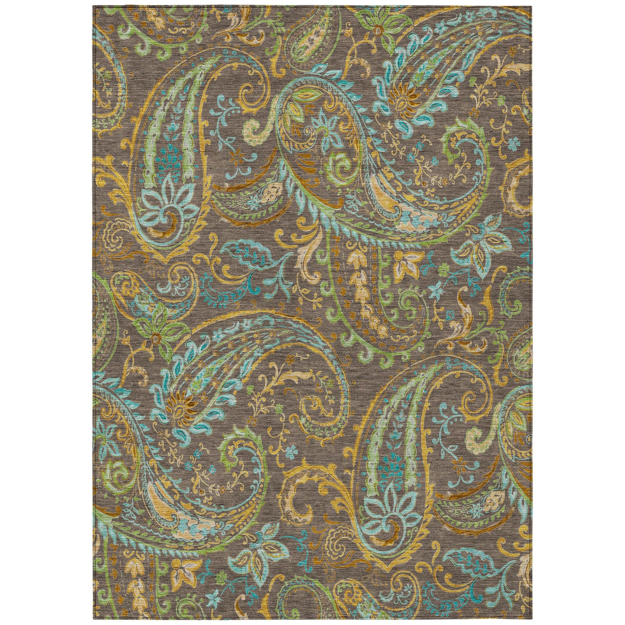 Machine Washable Chocolate Brown Rug - Indoor / Outdoor - Kids / Pet Friendly Paisley Print Rug