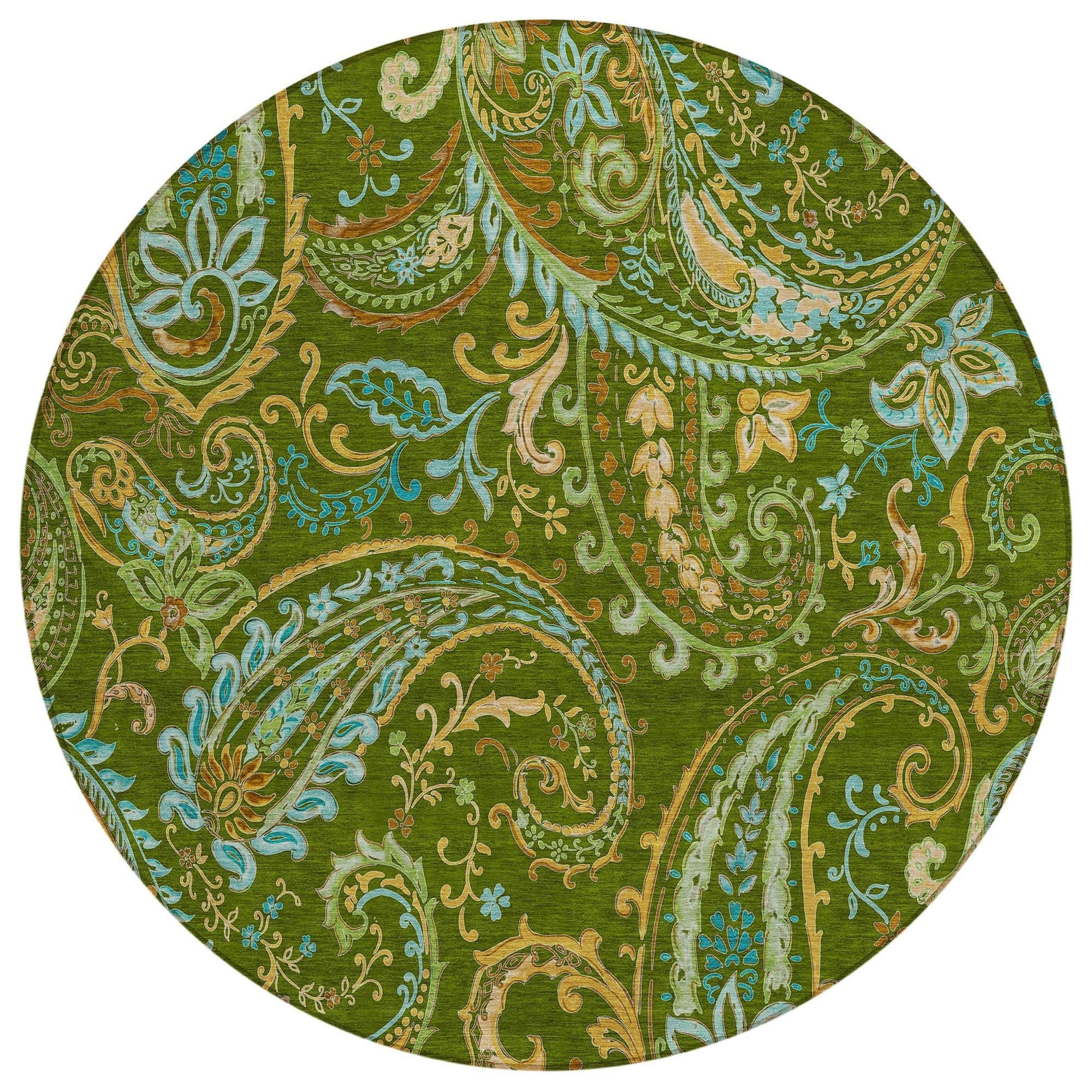 Machine Washable Green Rug - Indoor / Outdoor - Kids / Pet Friendly Paisley Print Rug