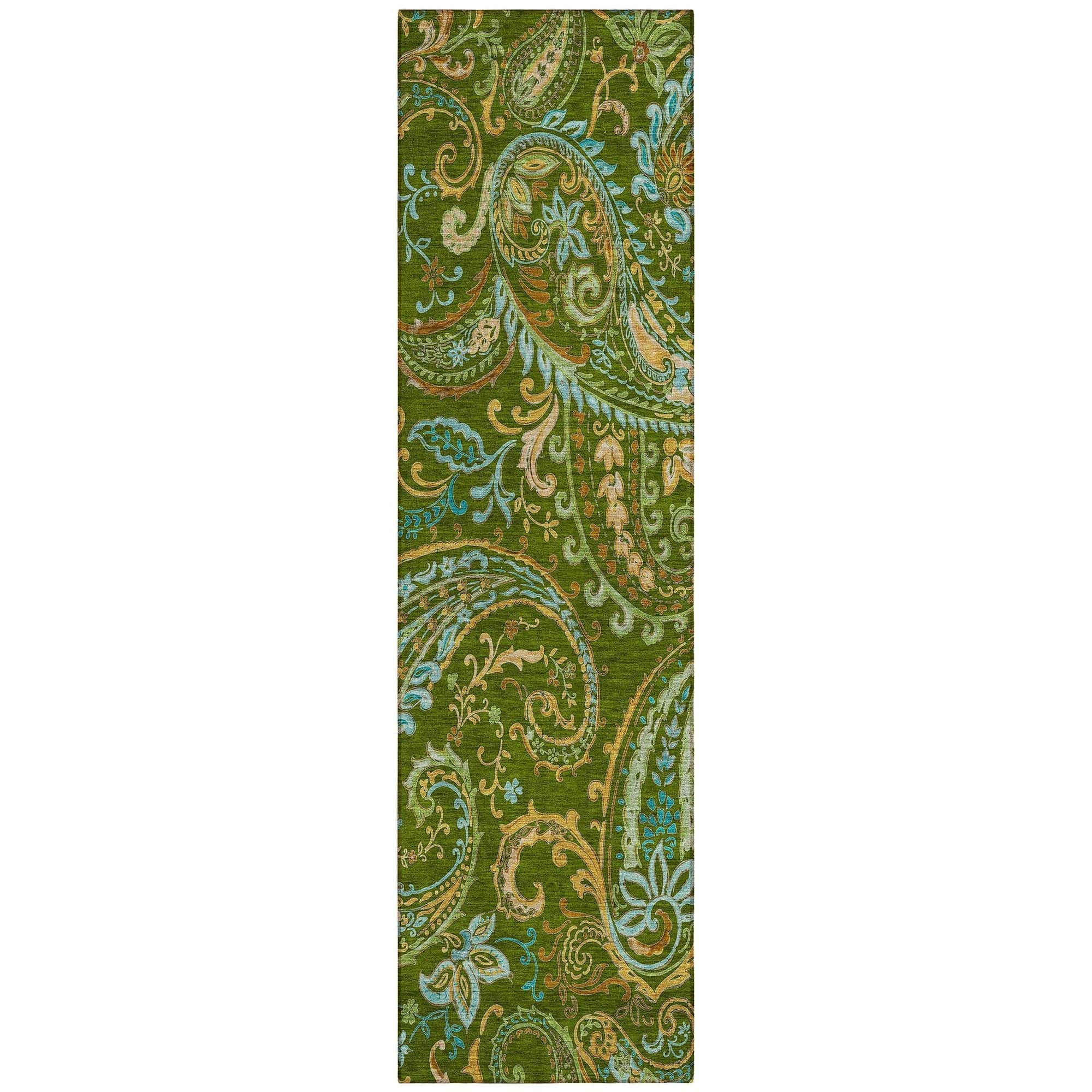 Machine Washable Green Rug - Indoor / Outdoor - Kids / Pet Friendly Paisley Print Rug