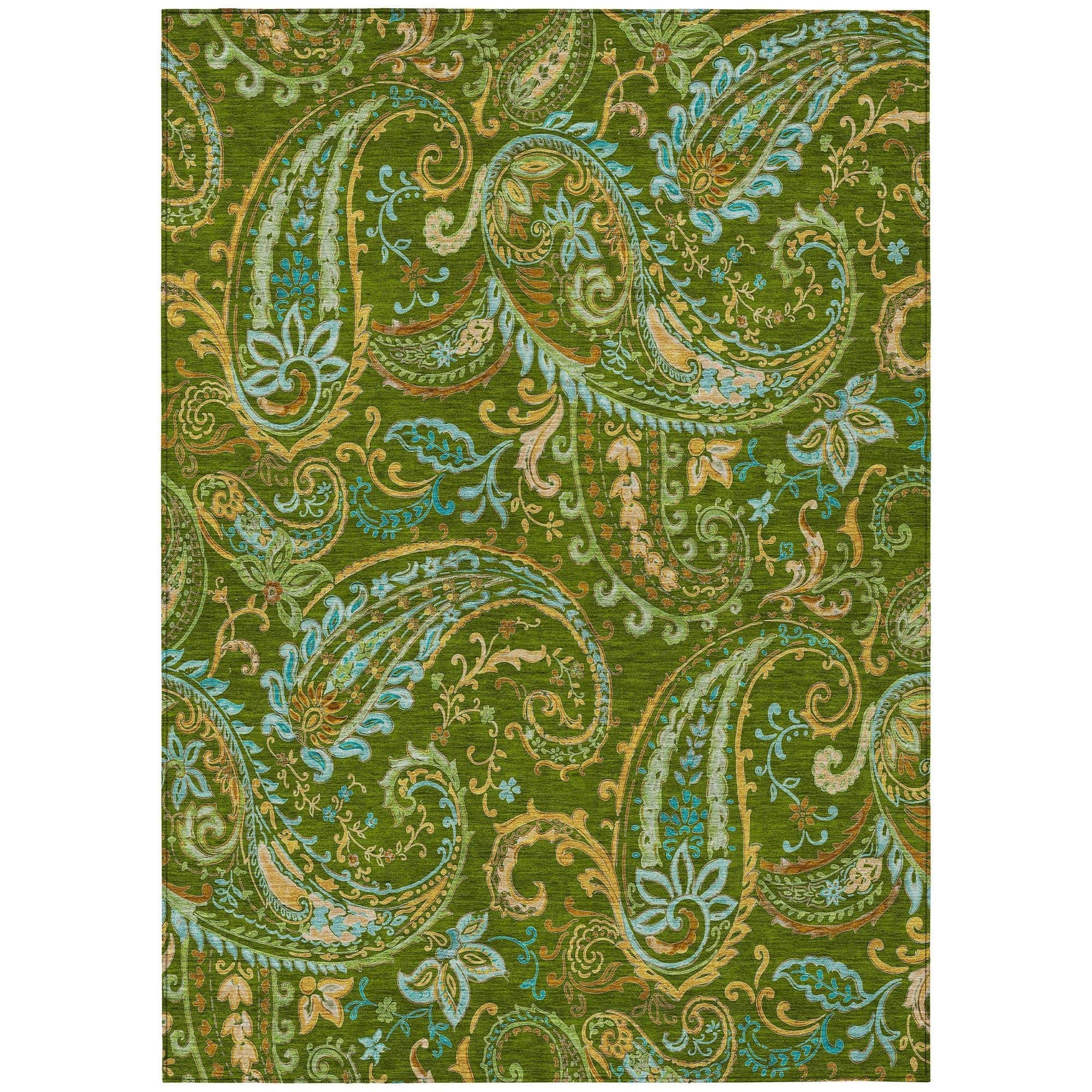 Machine Washable Green Rug - Indoor / Outdoor - Kids / Pet Friendly Paisley Print Rug
