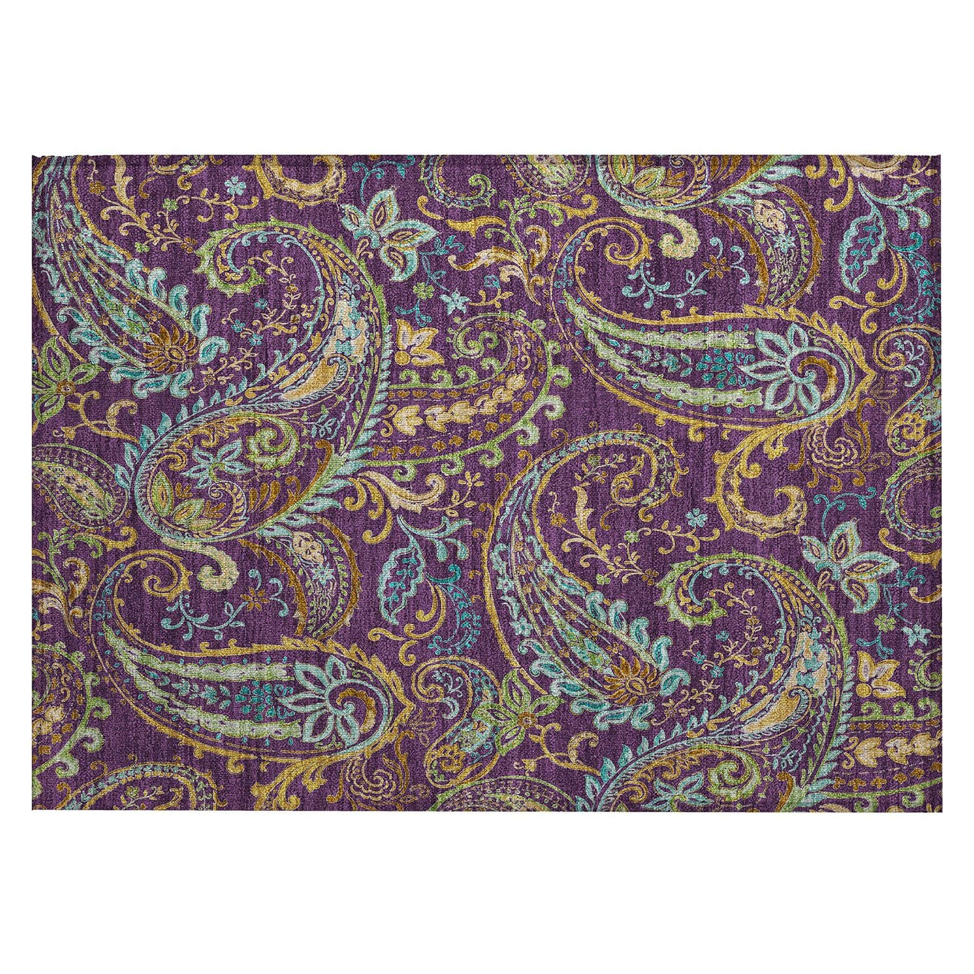 Machine Washable Purple Rug - Indoor / Outdoor - Kids / Pet Friendly Paisley Print Rug