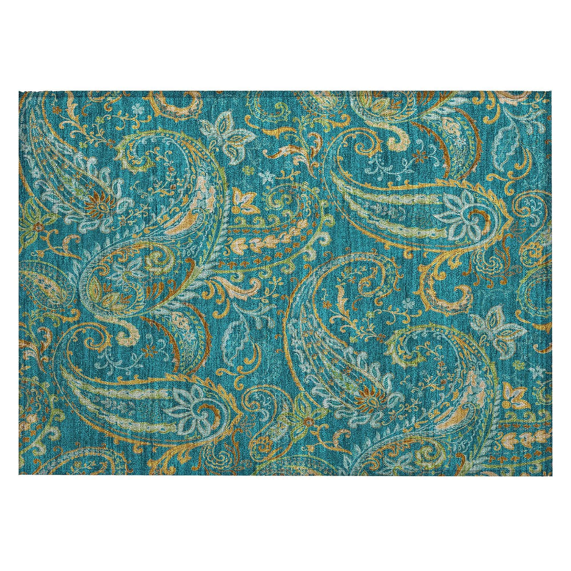 Machine Washable Teal Rug - Indoor / Outdoor - Kids / Pet Friendly Paisley Print Rug