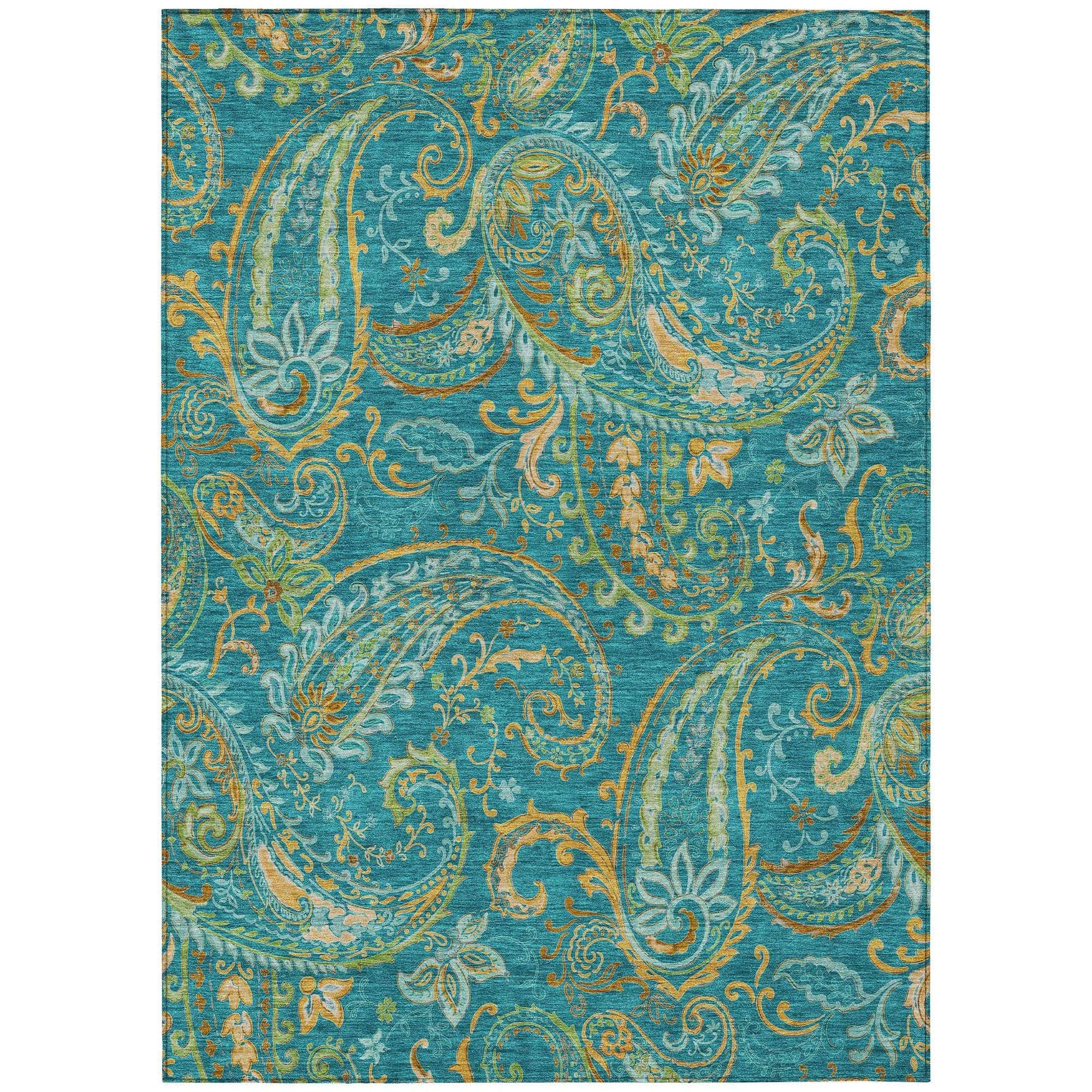 Machine Washable Teal Rug - Indoor / Outdoor - Kids / Pet Friendly Paisley Print Rug