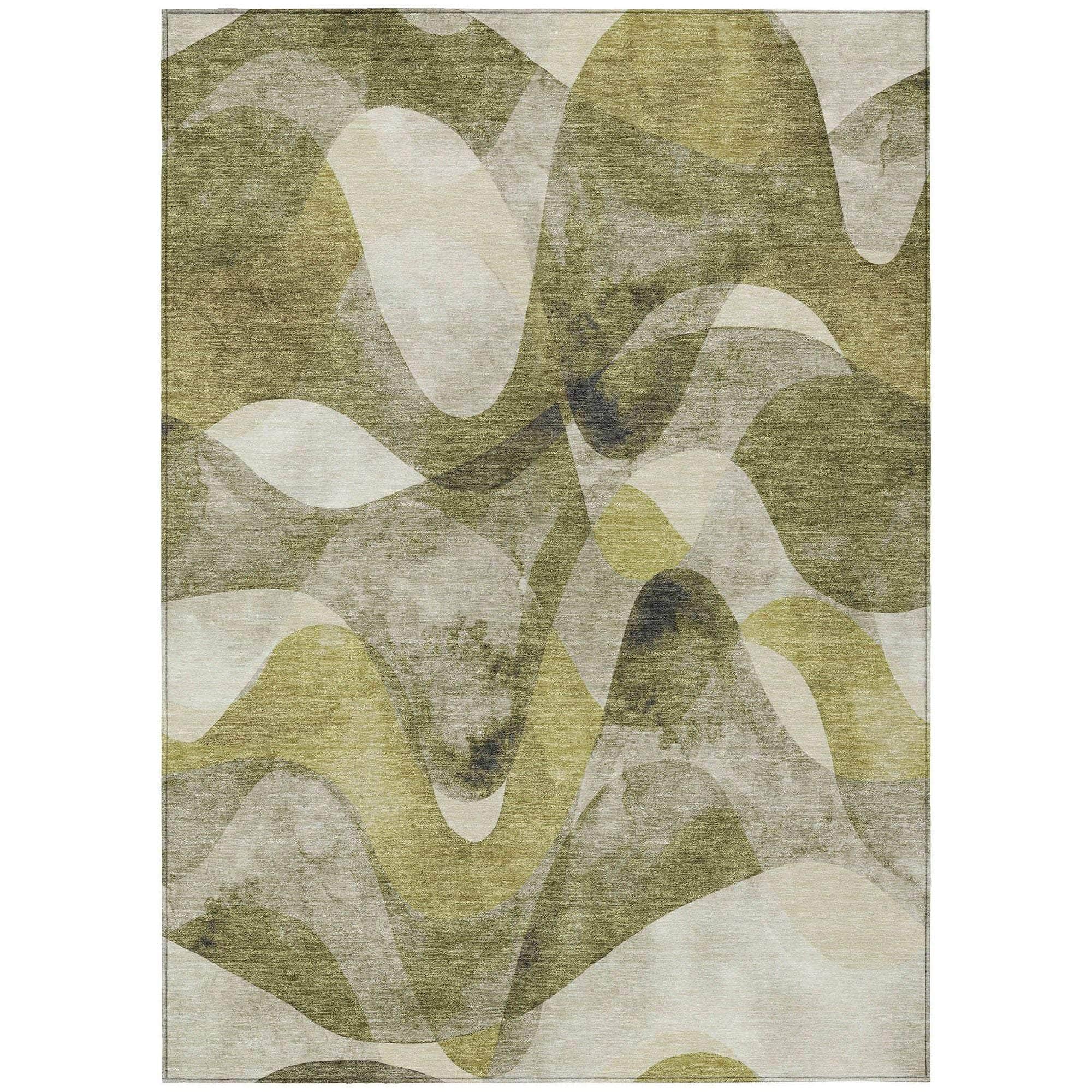 Machine Washable Olive Green Rug - Indoor / Outdoor - Kids / Pet Friendly Abstract Print Rug