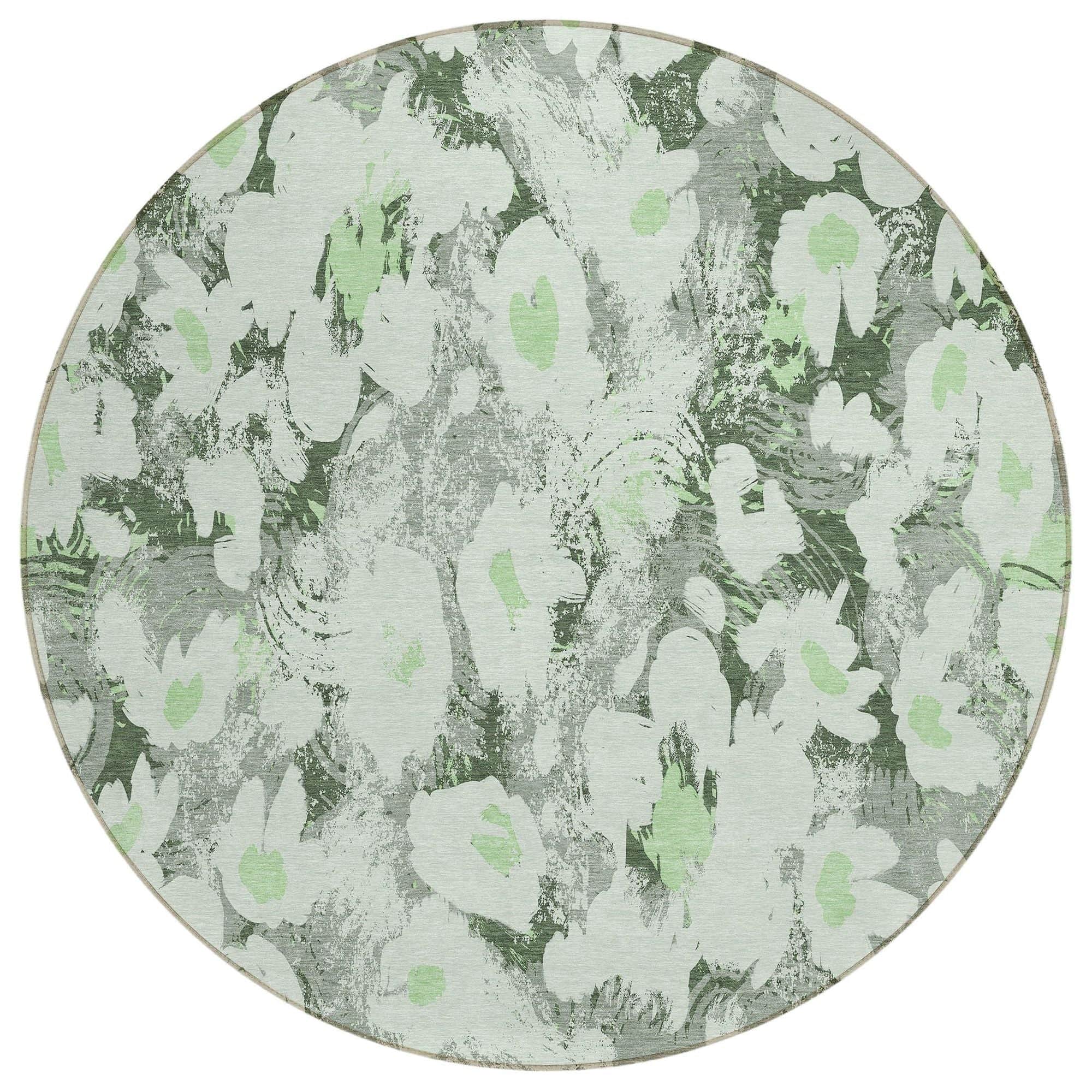 Machine Washable Aloe Green Rug - Indoor / Outdoor - Kids / Pet Friendly Floral Print Rug