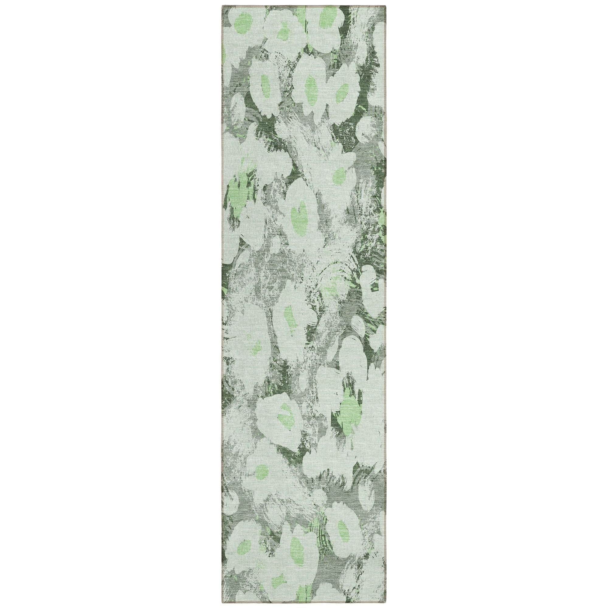 Machine Washable Aloe Green Rug - Indoor / Outdoor - Kids / Pet Friendly Floral Print Rug
