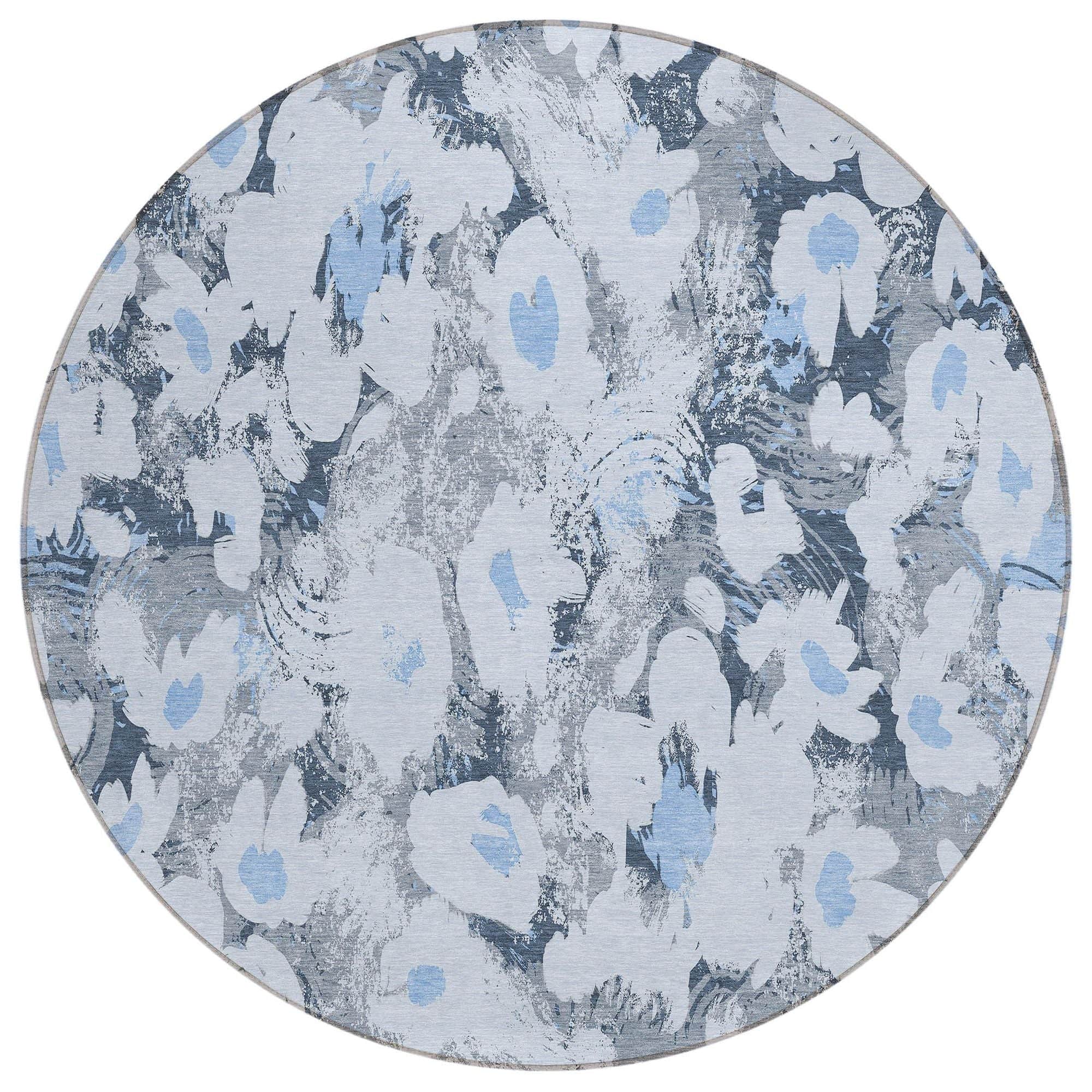 Machine Washable Denim Blue Rug - Indoor / Outdoor - Kids / Pet Friendly Floral Print Rug