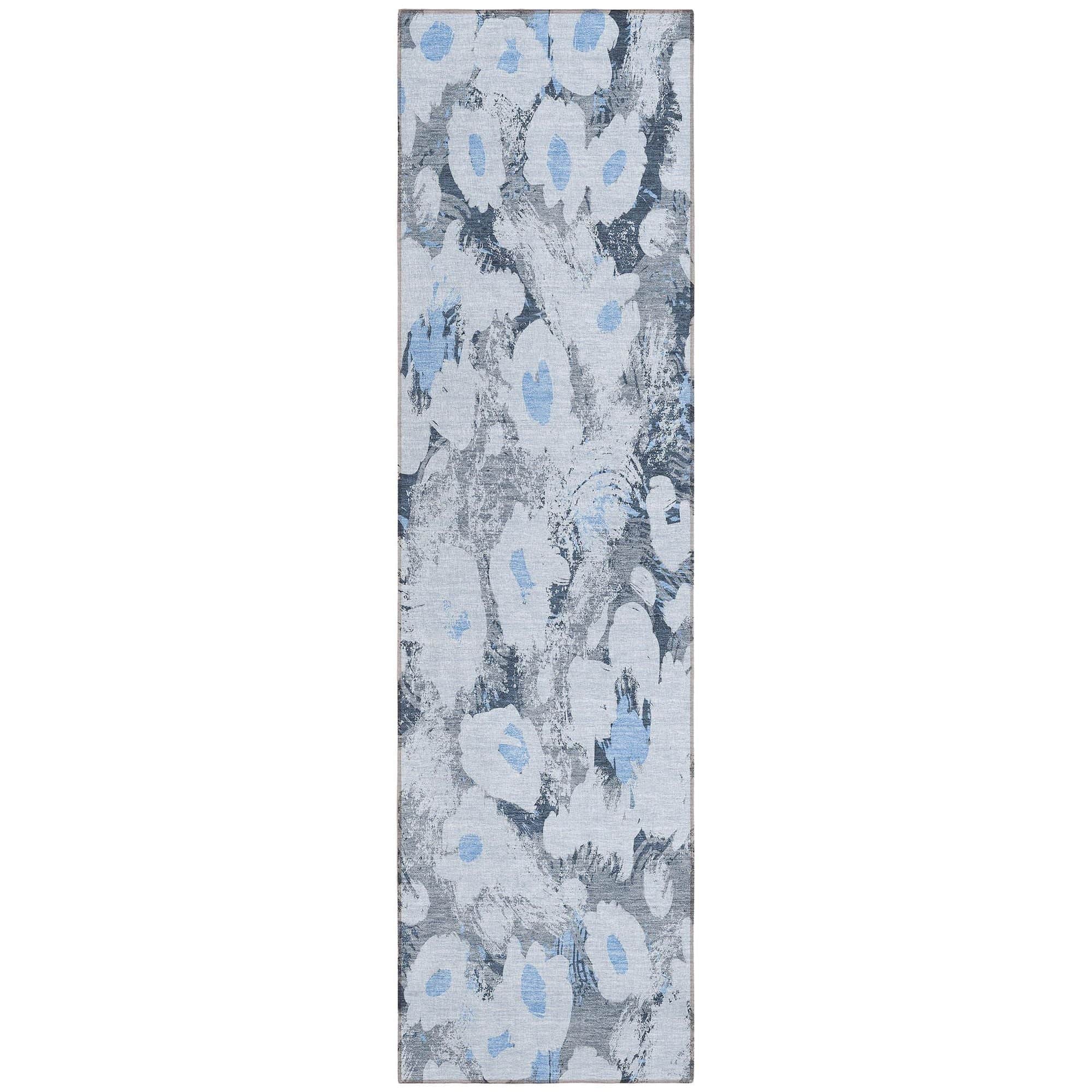 Machine Washable Denim Blue Rug - Indoor / Outdoor - Kids / Pet Friendly Floral Print Rug