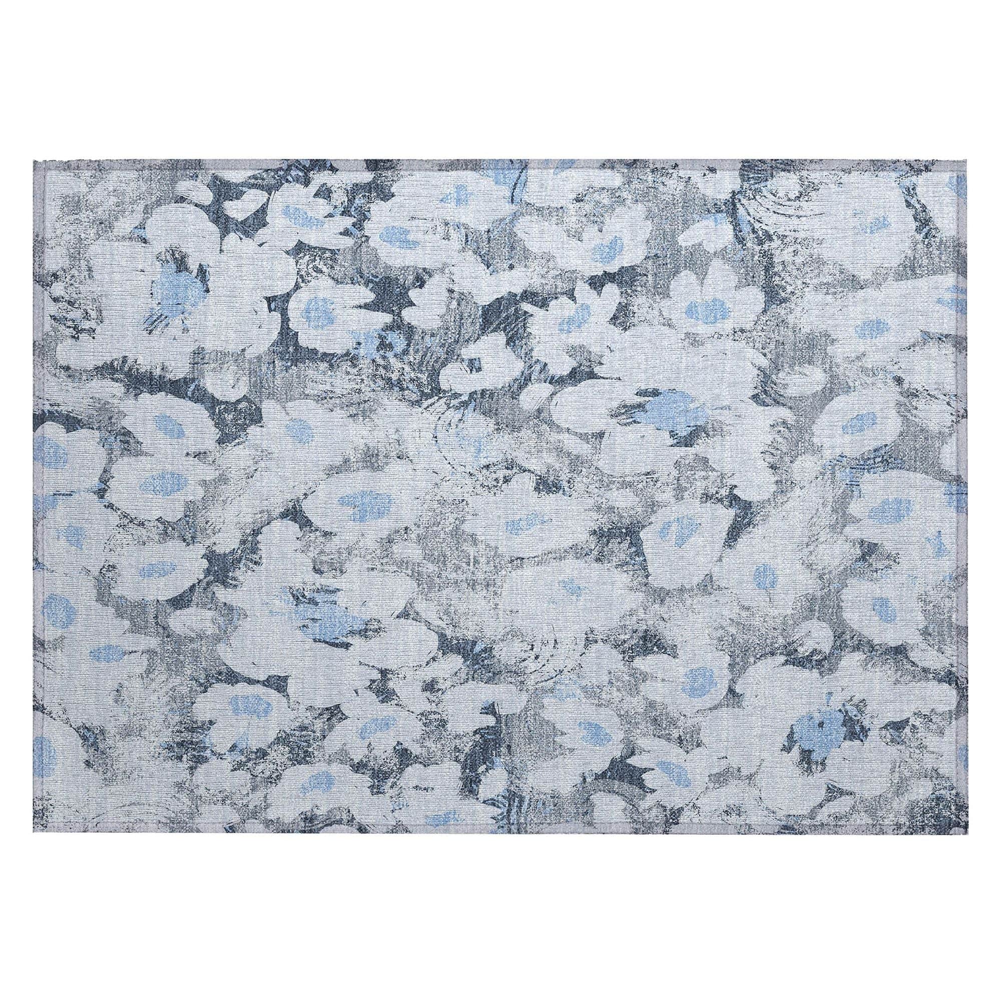 Machine Washable Denim Blue Rug - Indoor / Outdoor - Kids / Pet Friendly Floral Print Rug
