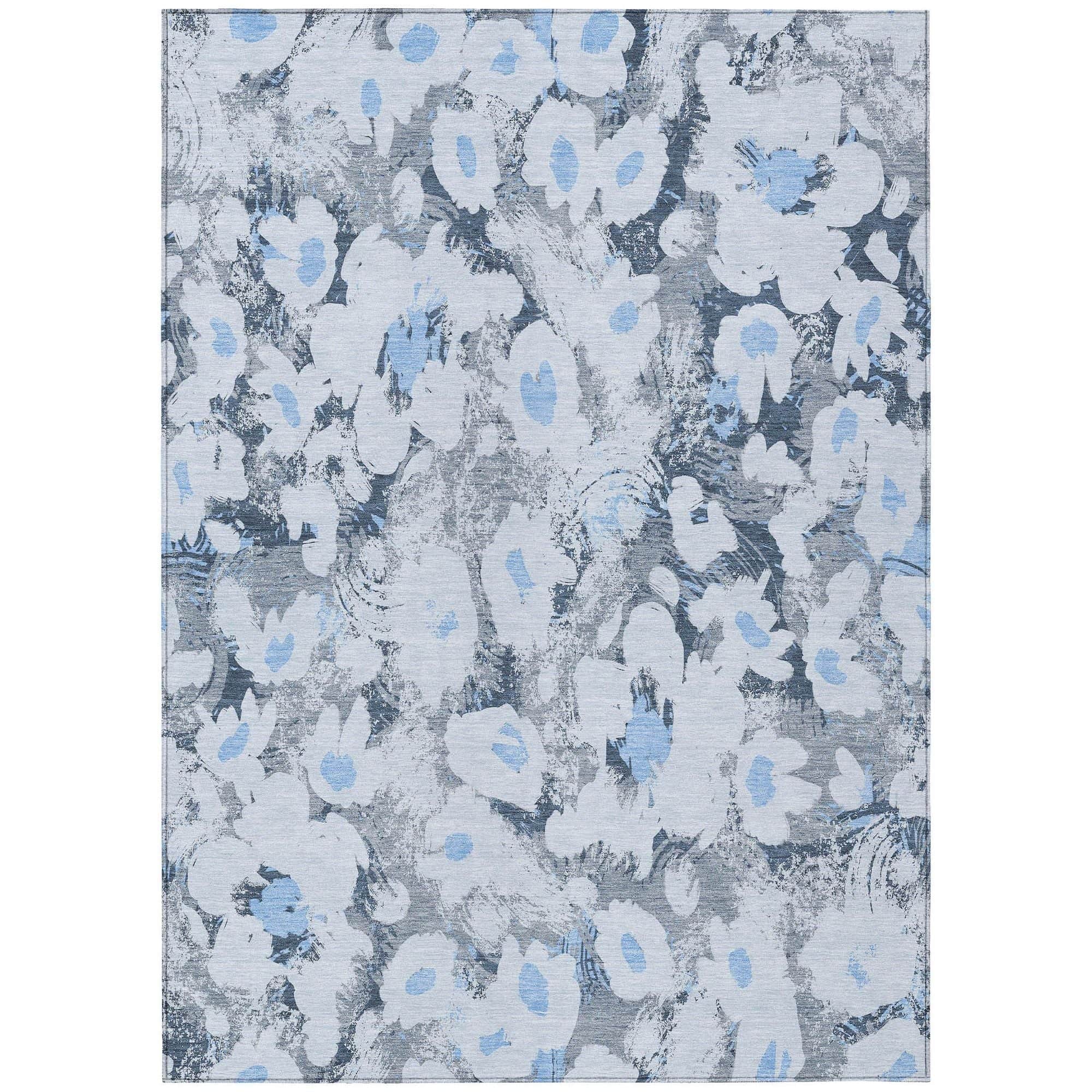 Machine Washable Denim Blue Rug - Indoor / Outdoor - Kids / Pet Friendly Floral Print Rug