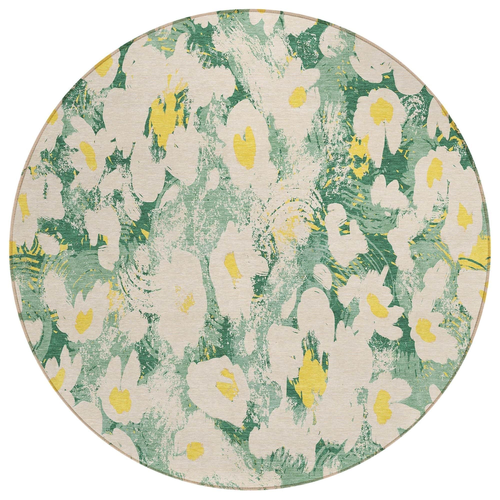 Machine Washable Green Rug - Indoor / Outdoor - Kids / Pet Friendly Floral Print Rug