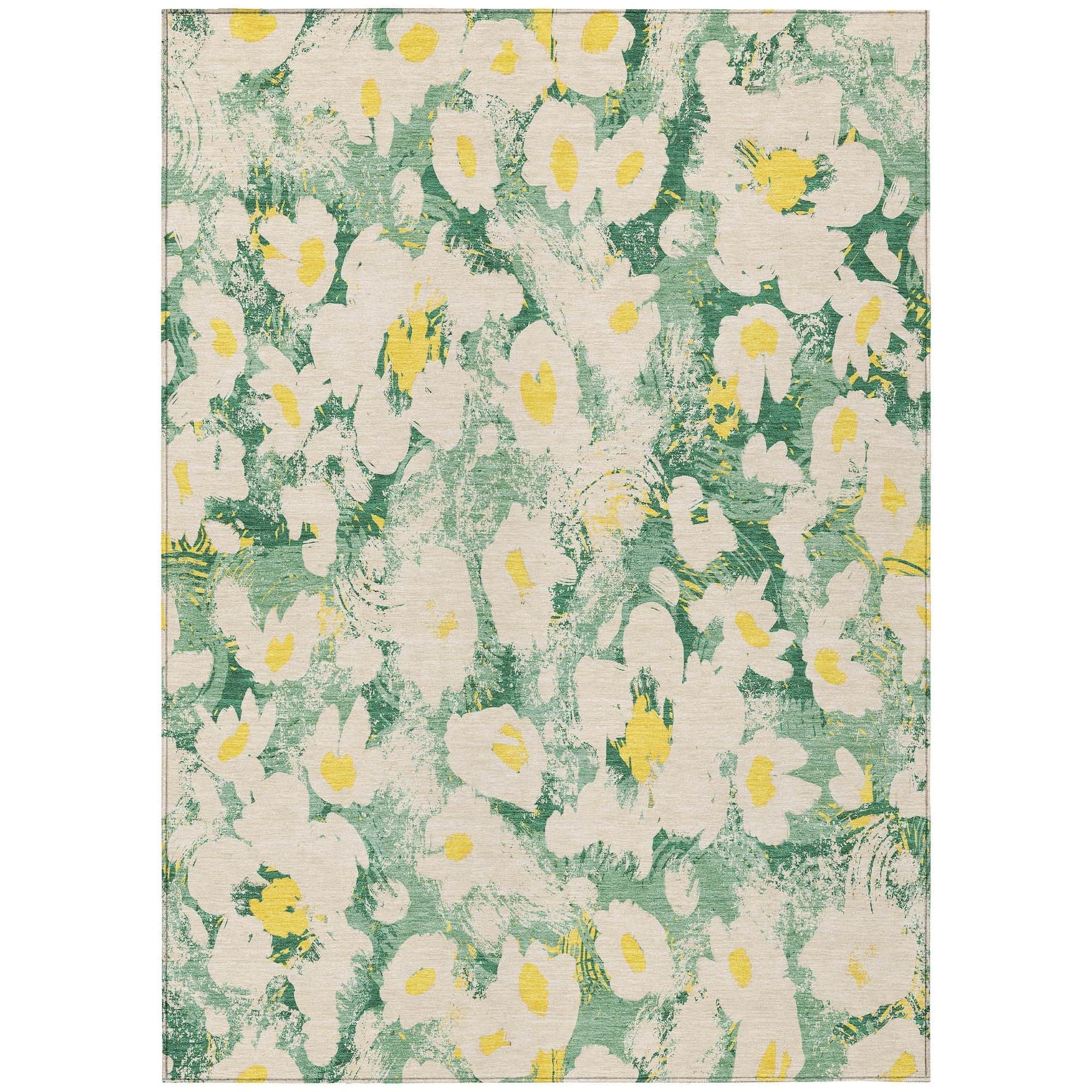 Machine Washable Green Rug - Indoor / Outdoor - Kids / Pet Friendly Floral Print Rug