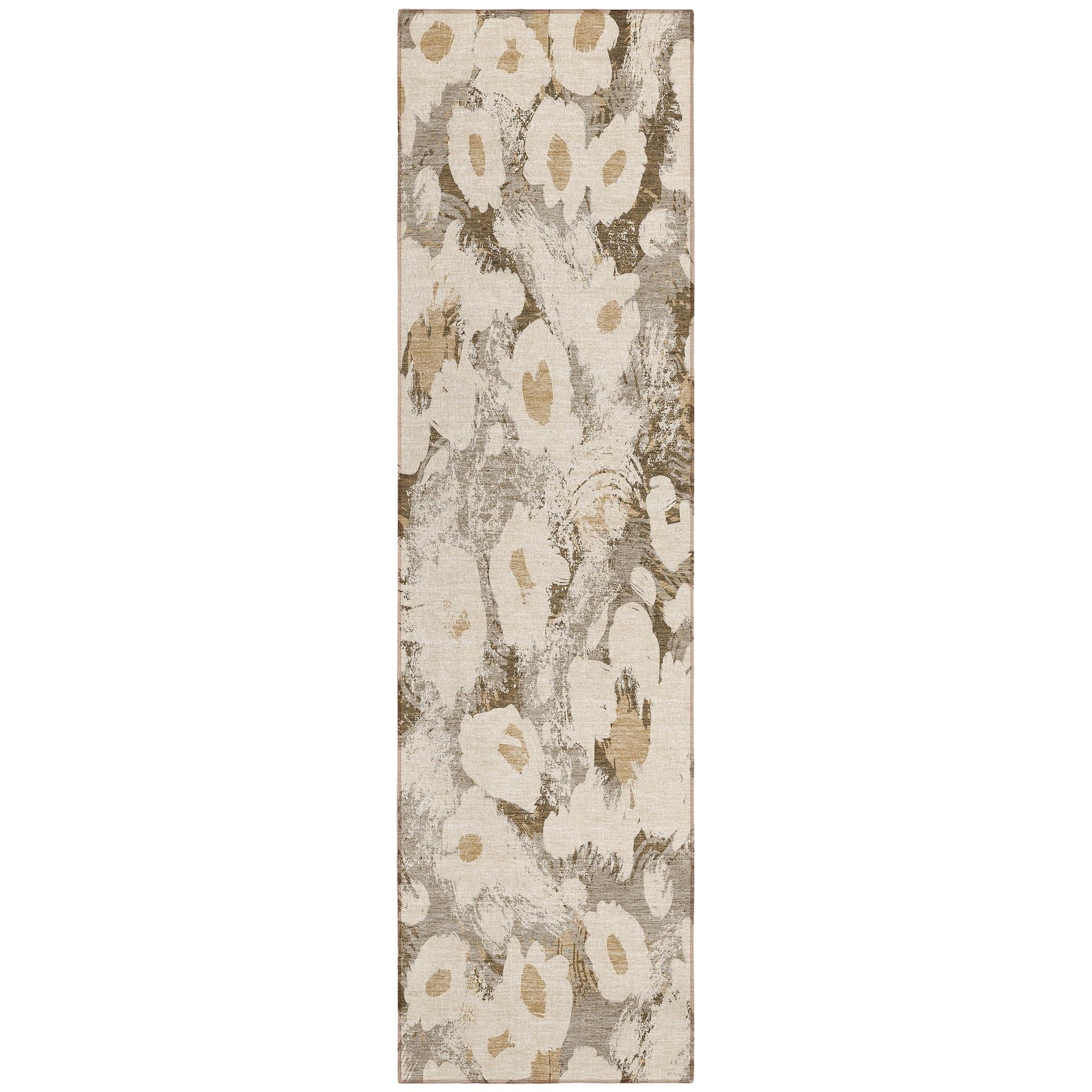 Machine Washable Khaki Brown Rug - Indoor / Outdoor - Kids / Pet Friendly Floral Print Rug
