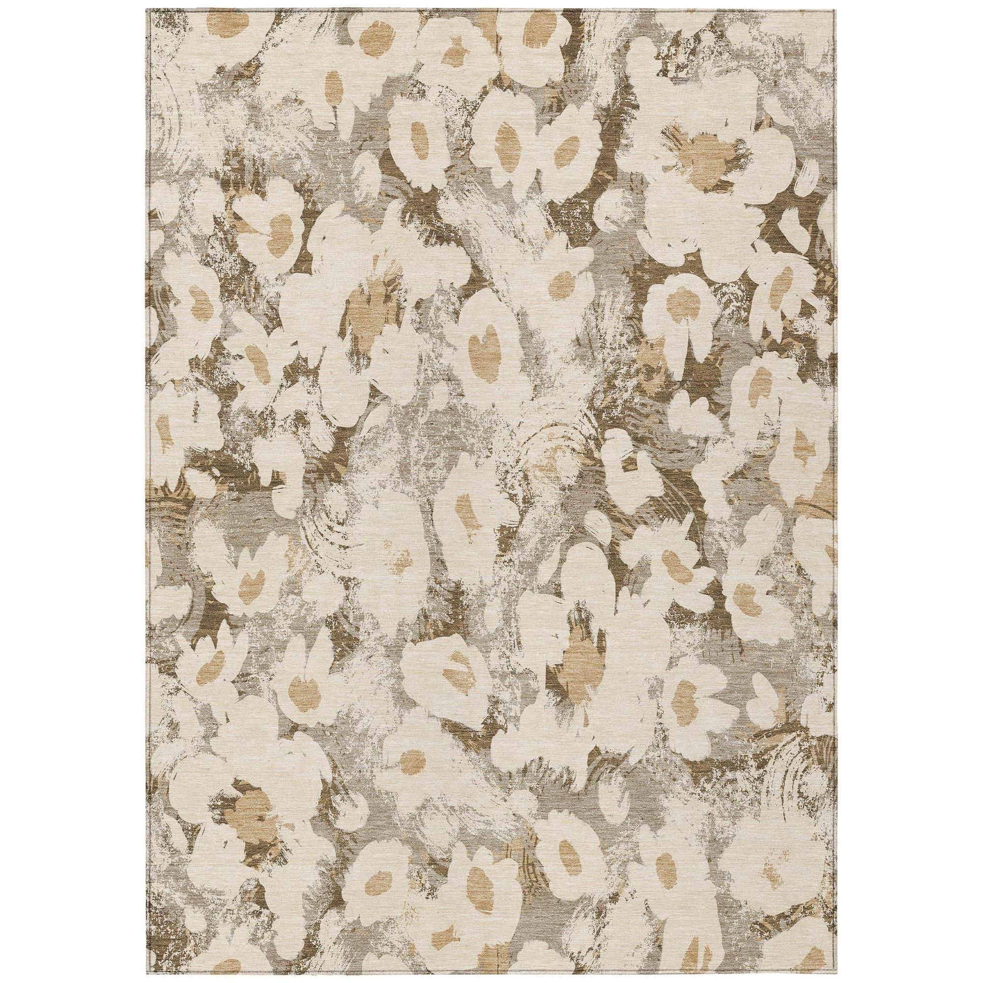 Machine Washable Khaki Brown Rug - Indoor / Outdoor - Kids / Pet Friendly Floral Print Rug