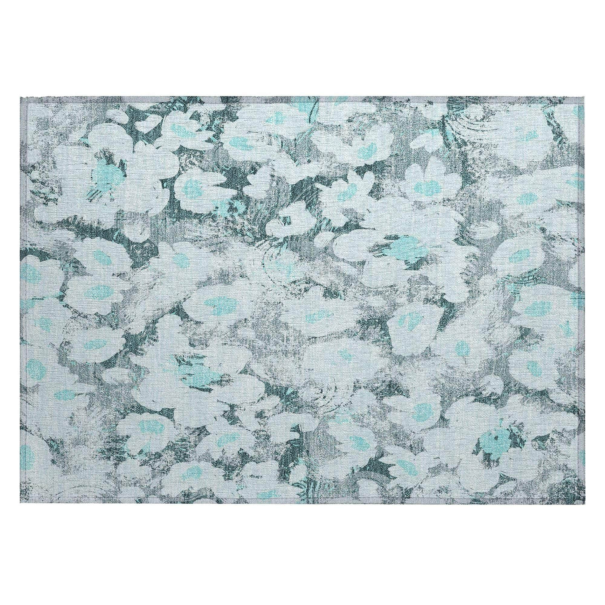 Machine Washable Teal Rug - Indoor / Outdoor - Kids / Pet Friendly Floral Print Rug
