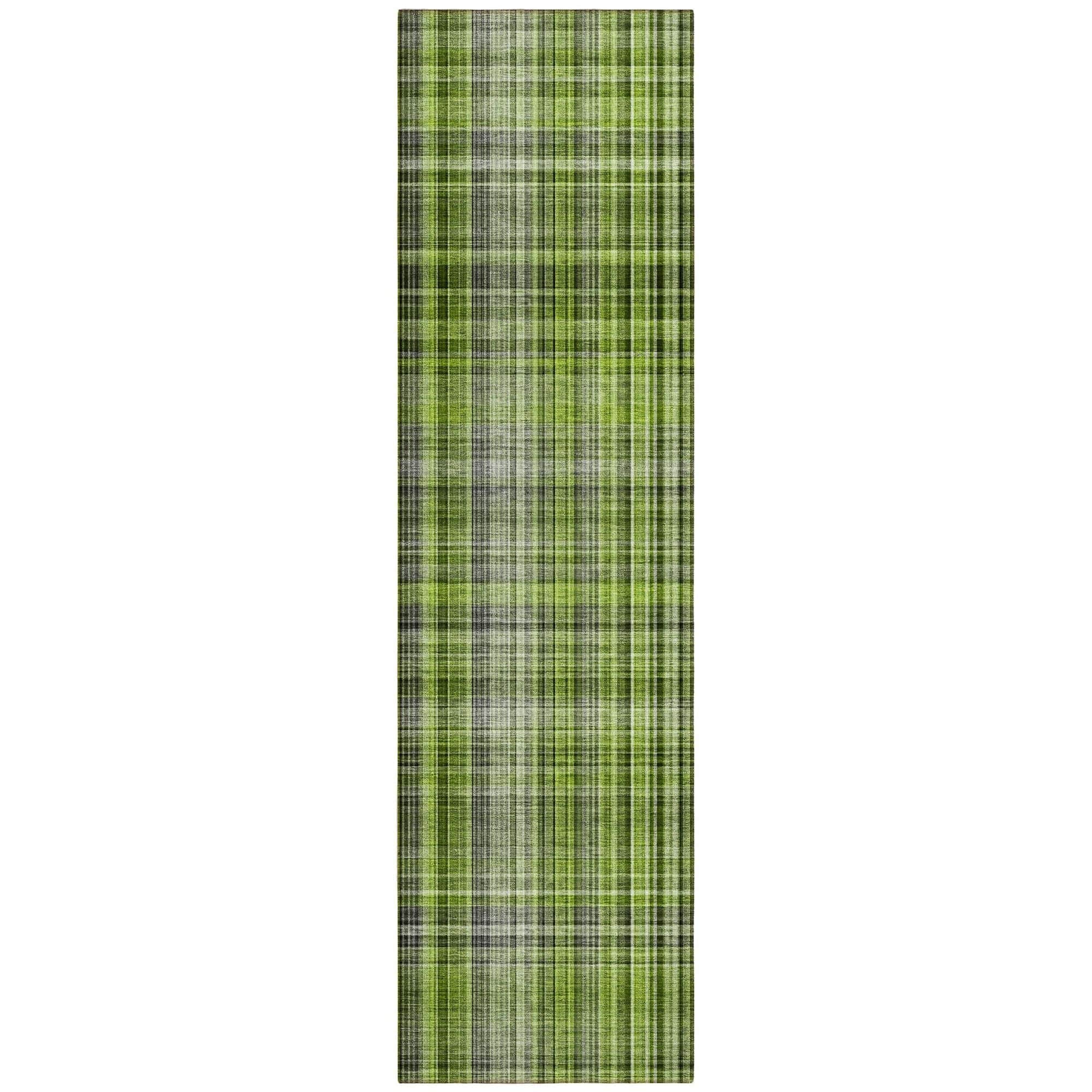 Machine Washable Green Rug - Indoor / Outdoor - Kids / Pet Friendly Plaid Print Rug