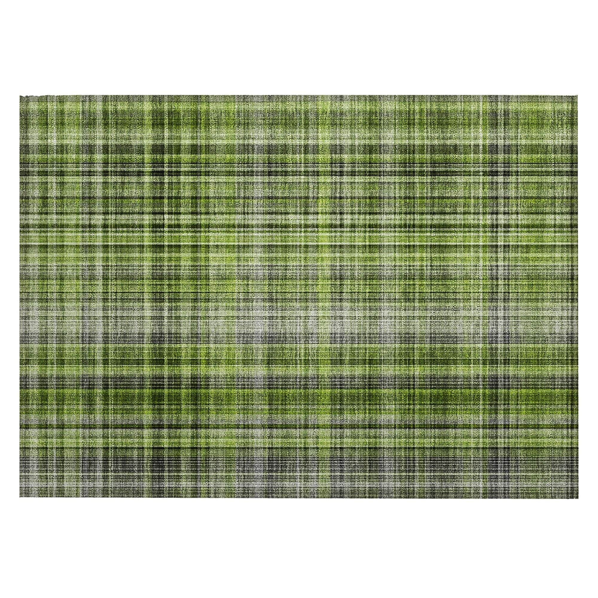 Machine Washable Green Rug - Indoor / Outdoor - Kids / Pet Friendly Plaid Print Rug