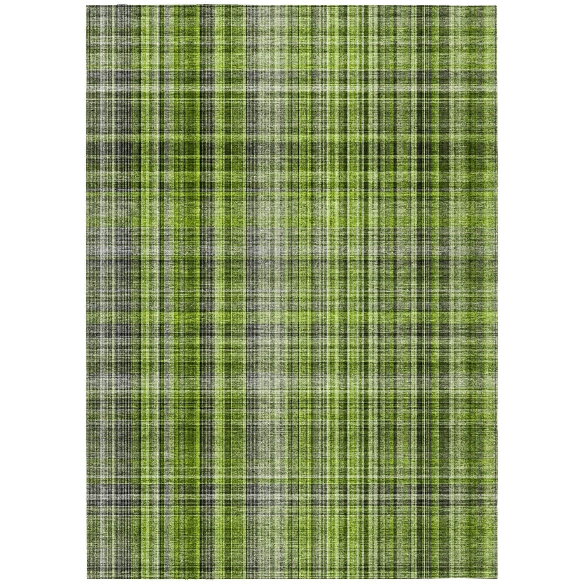 Machine Washable Green Rug - Indoor / Outdoor - Kids / Pet Friendly Plaid Print Rug