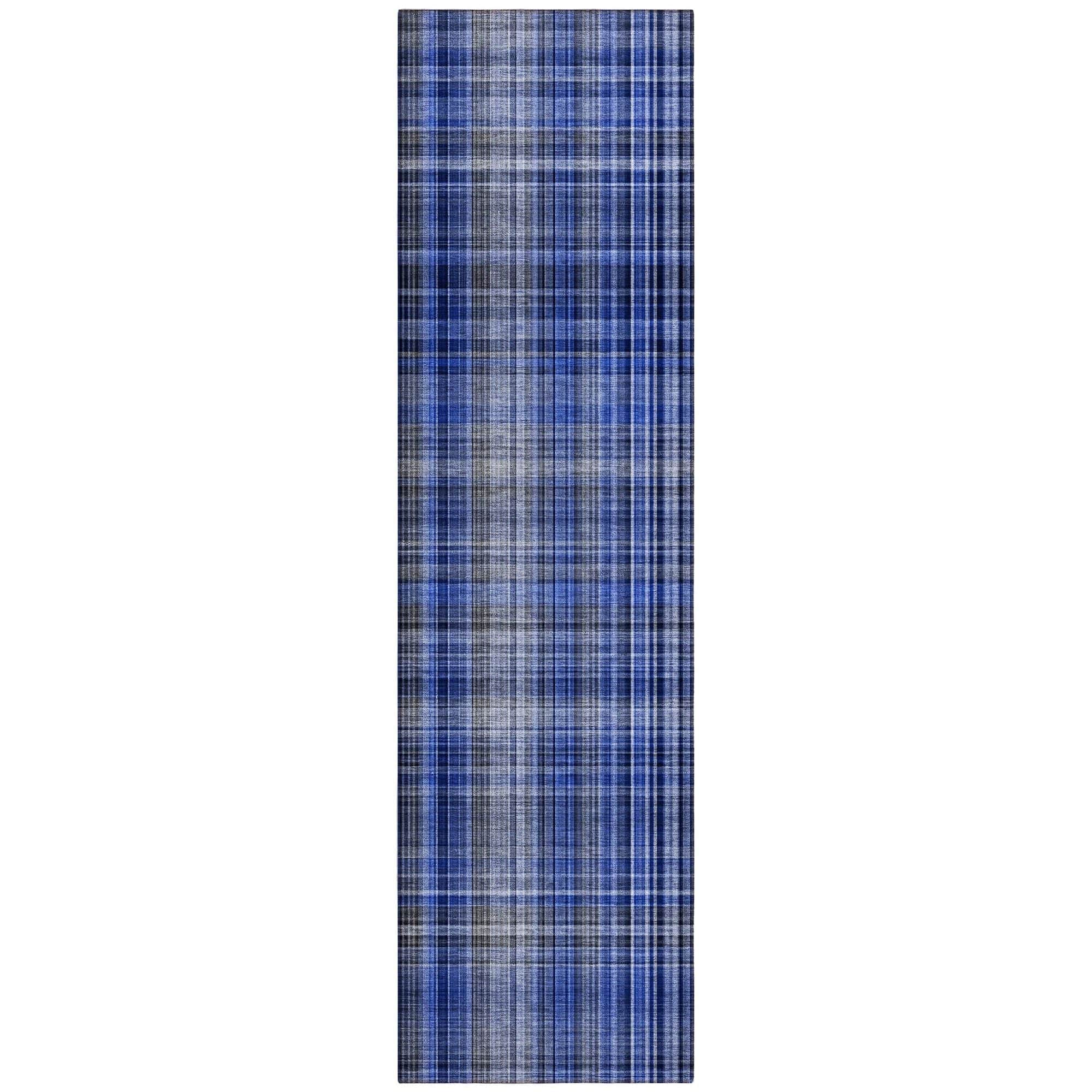 Machine Washable Navy Blue Rug - Indoor / Outdoor - Kids / Pet Friendly Plaid Print Rug